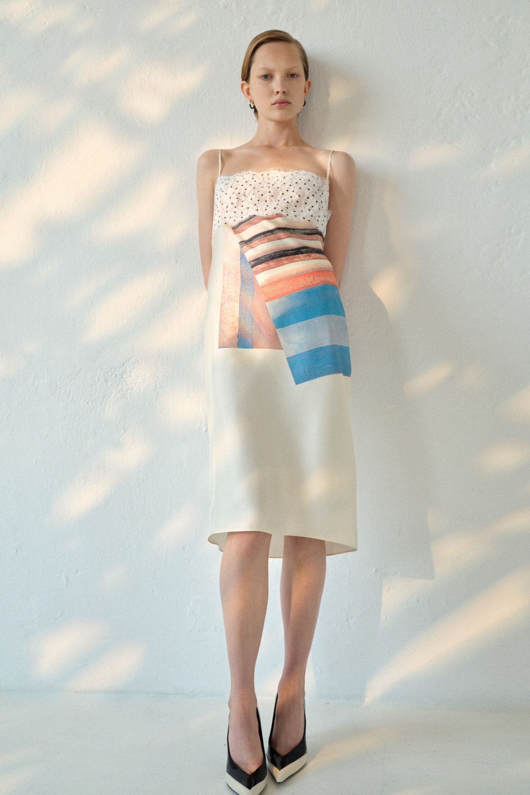 white silk sleeveless v-neck fitted color-blocked midi dress
