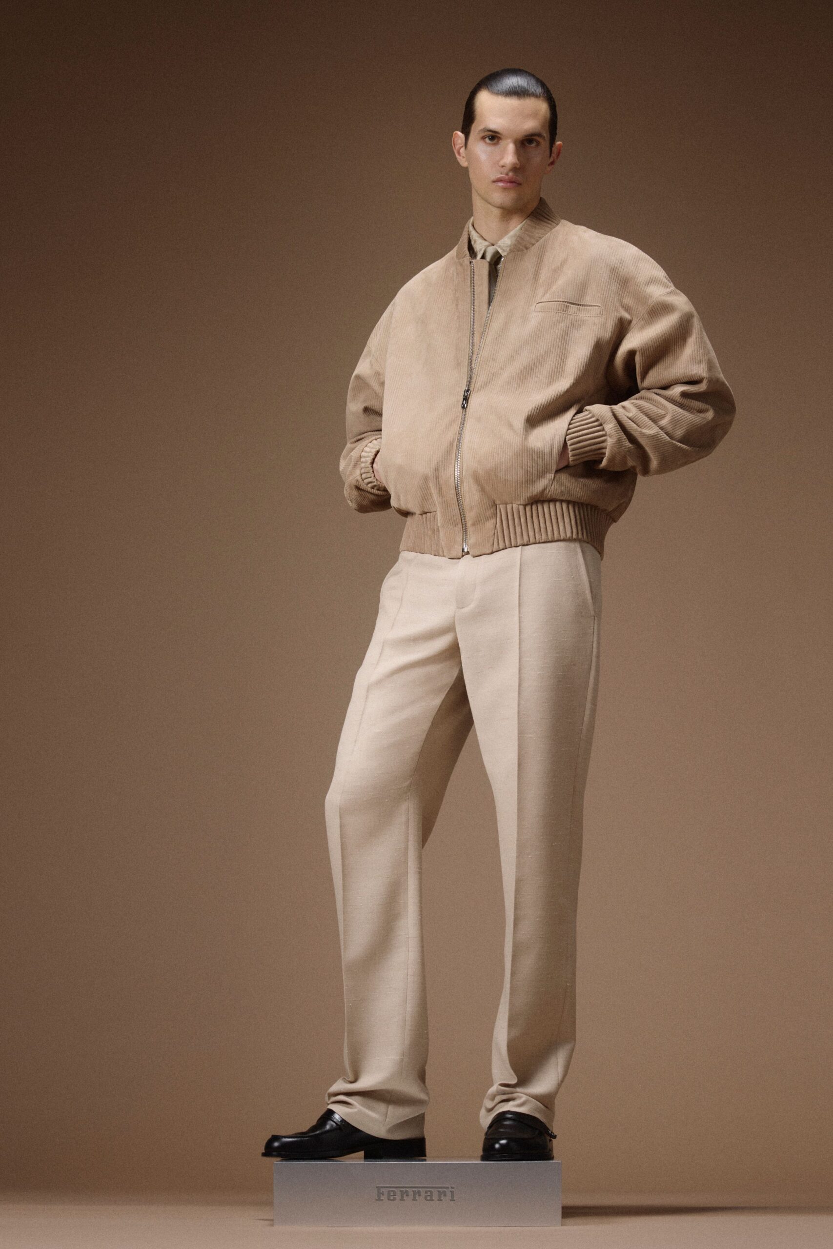 beige suede long-sleeve collared relaxed jacket