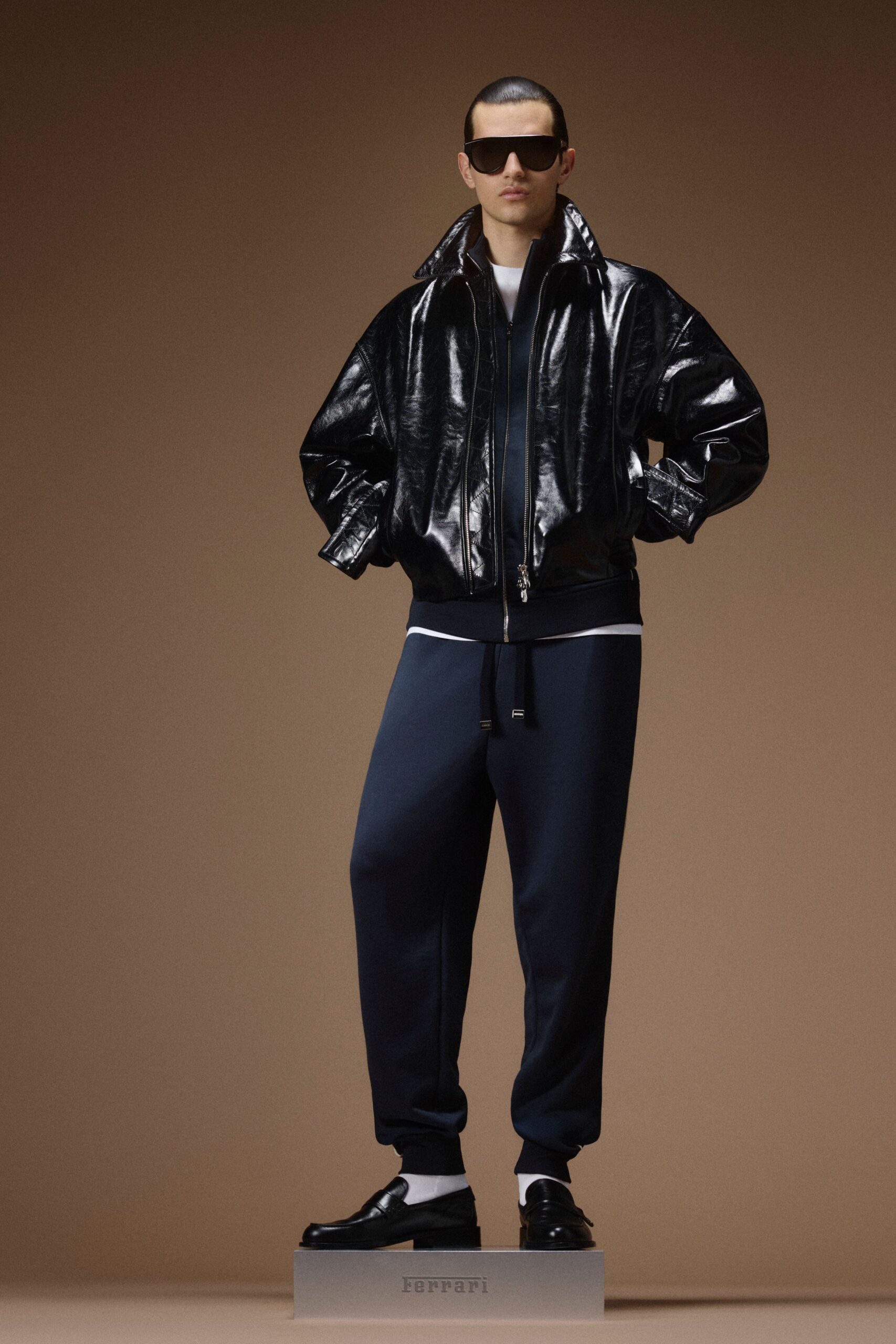 black vinyl long-sleeve collared relaxed zippered shiny jacket