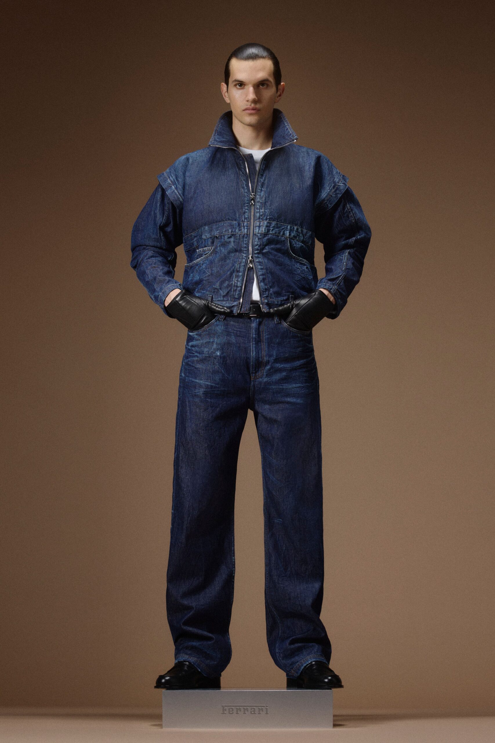 blue denim long-sleeve collared fitted jacket