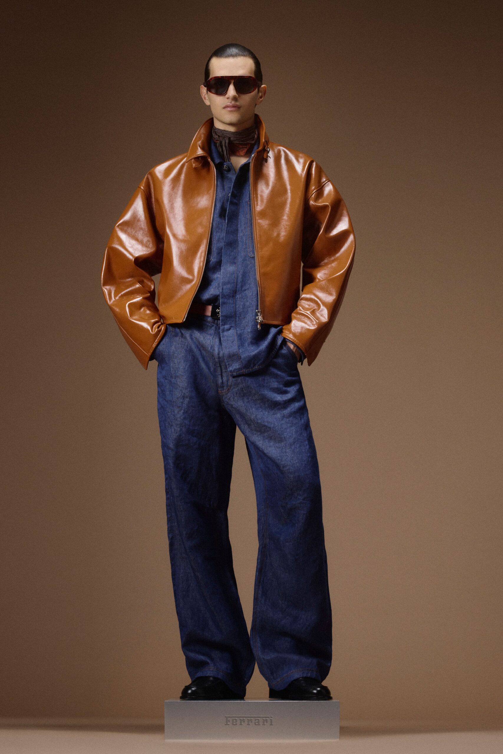 brown vinyl long-sleeve collared fitted shiny jacket