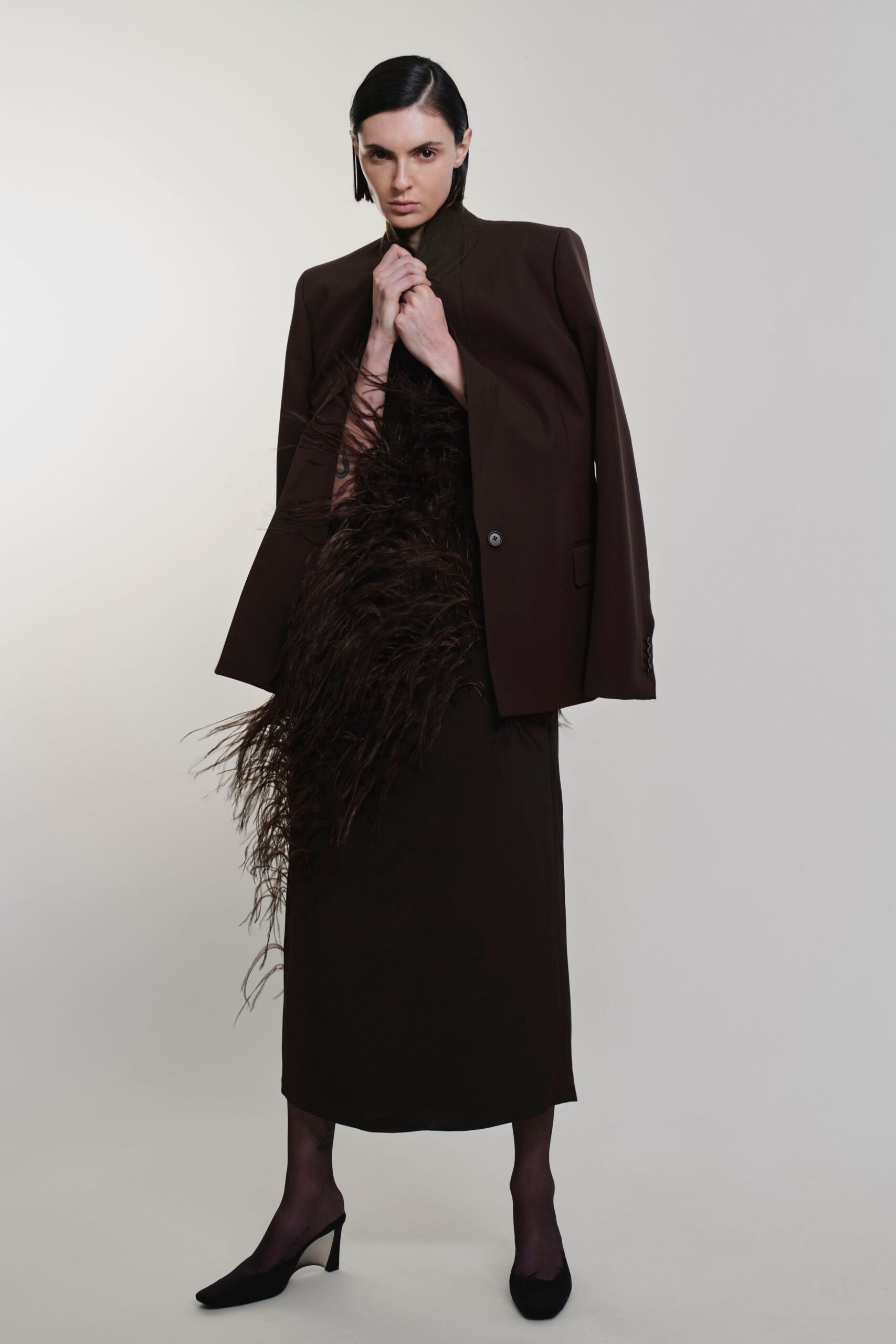 brown silk long-sleeve high-neck fitted tiered fringed dress
