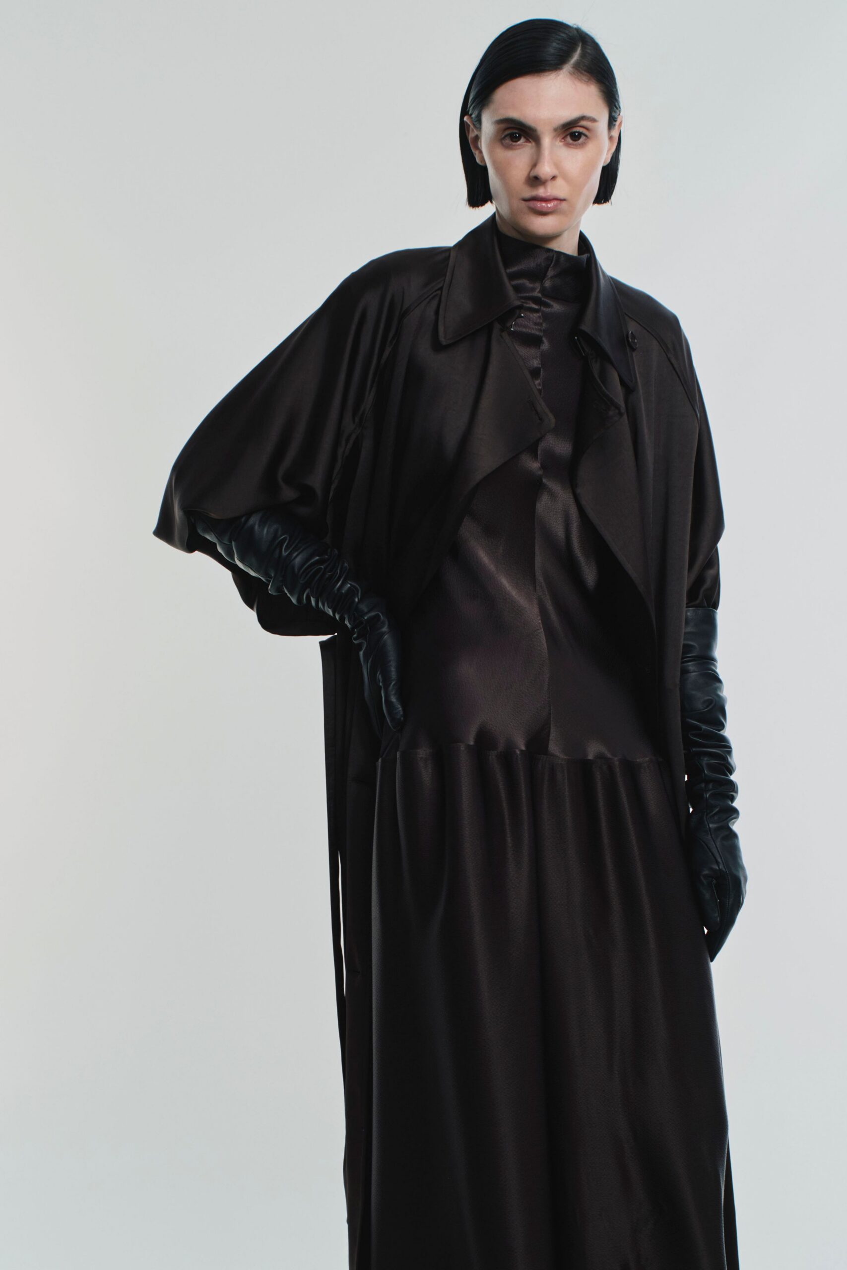 brown silk long-sleeve collared fitted layered maxi dress