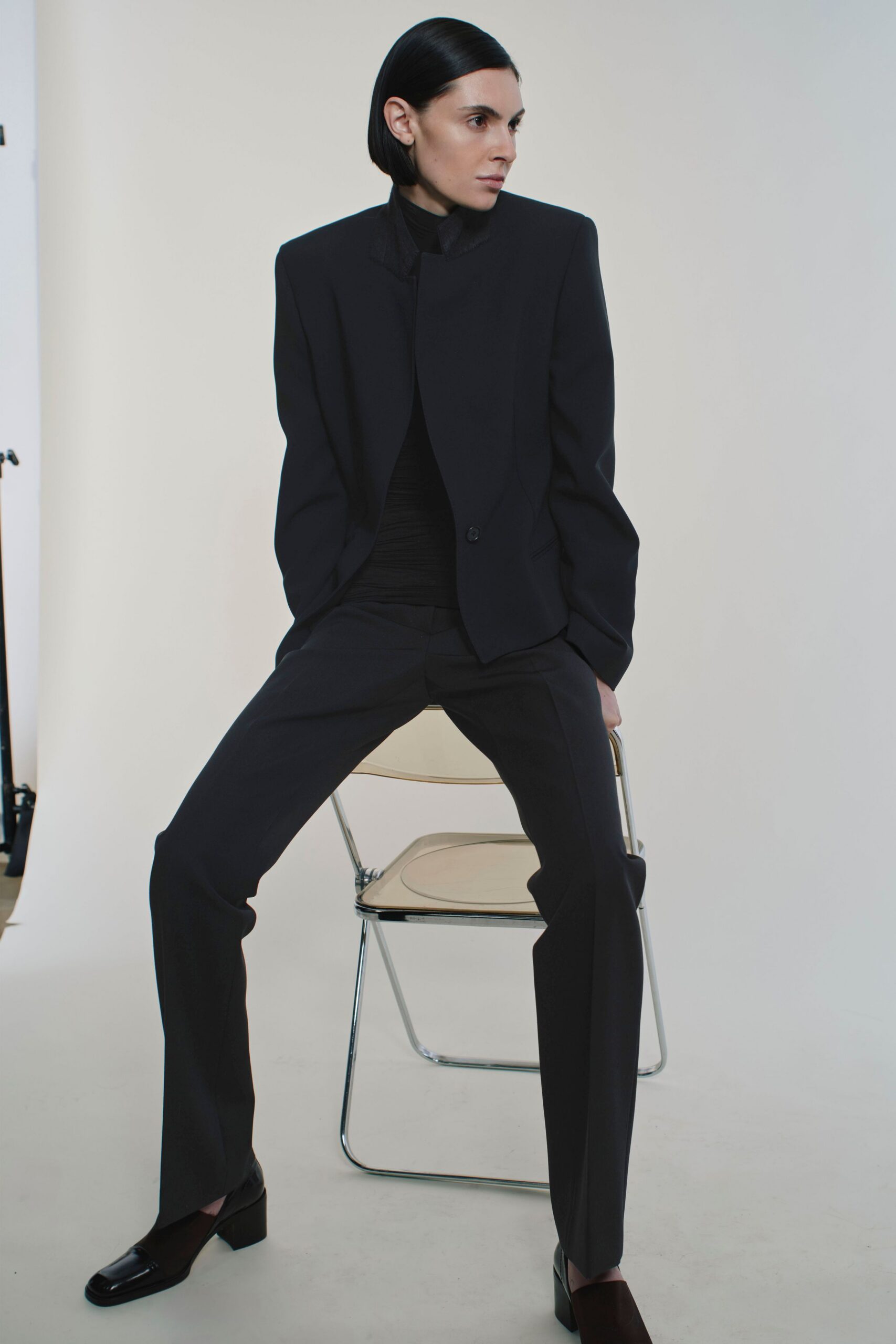 black wool tailored straight-leg pants