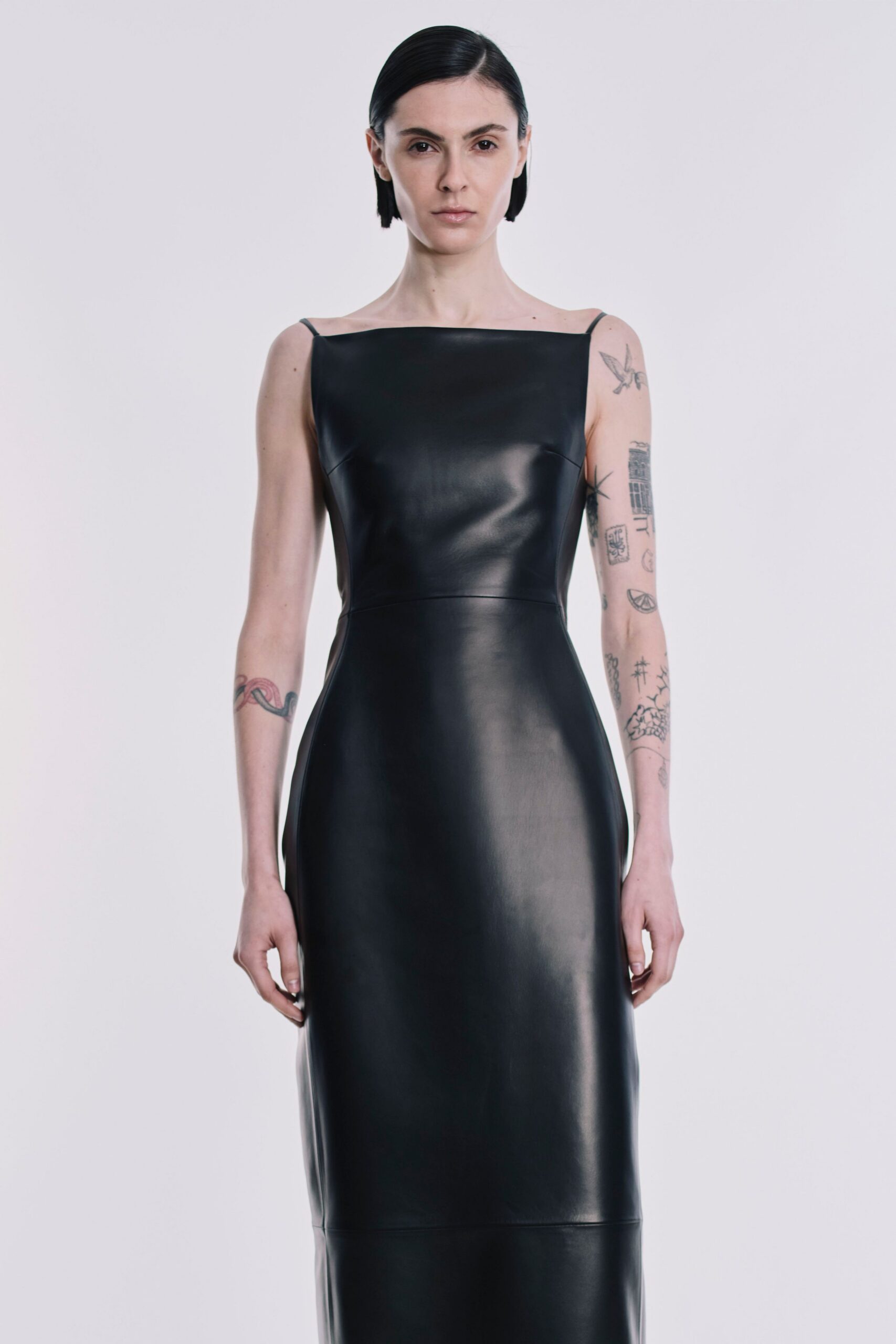 black leather sleeveless gown