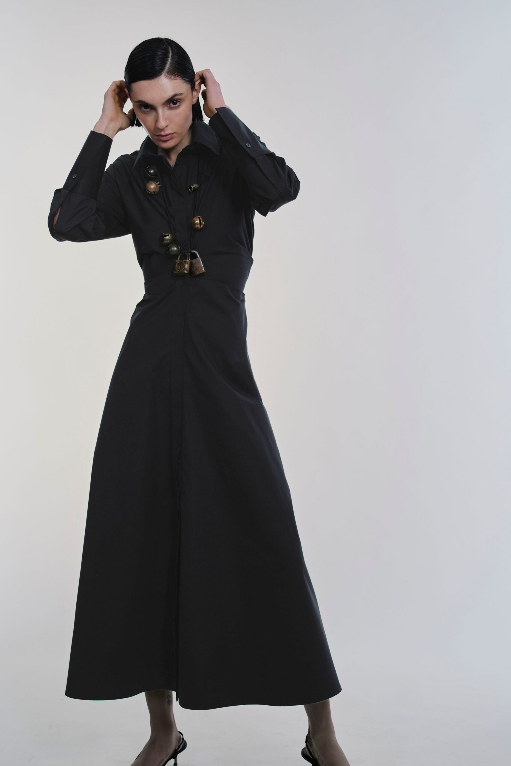 black cotton long-sleeve collared fitted buttoned tiered dress