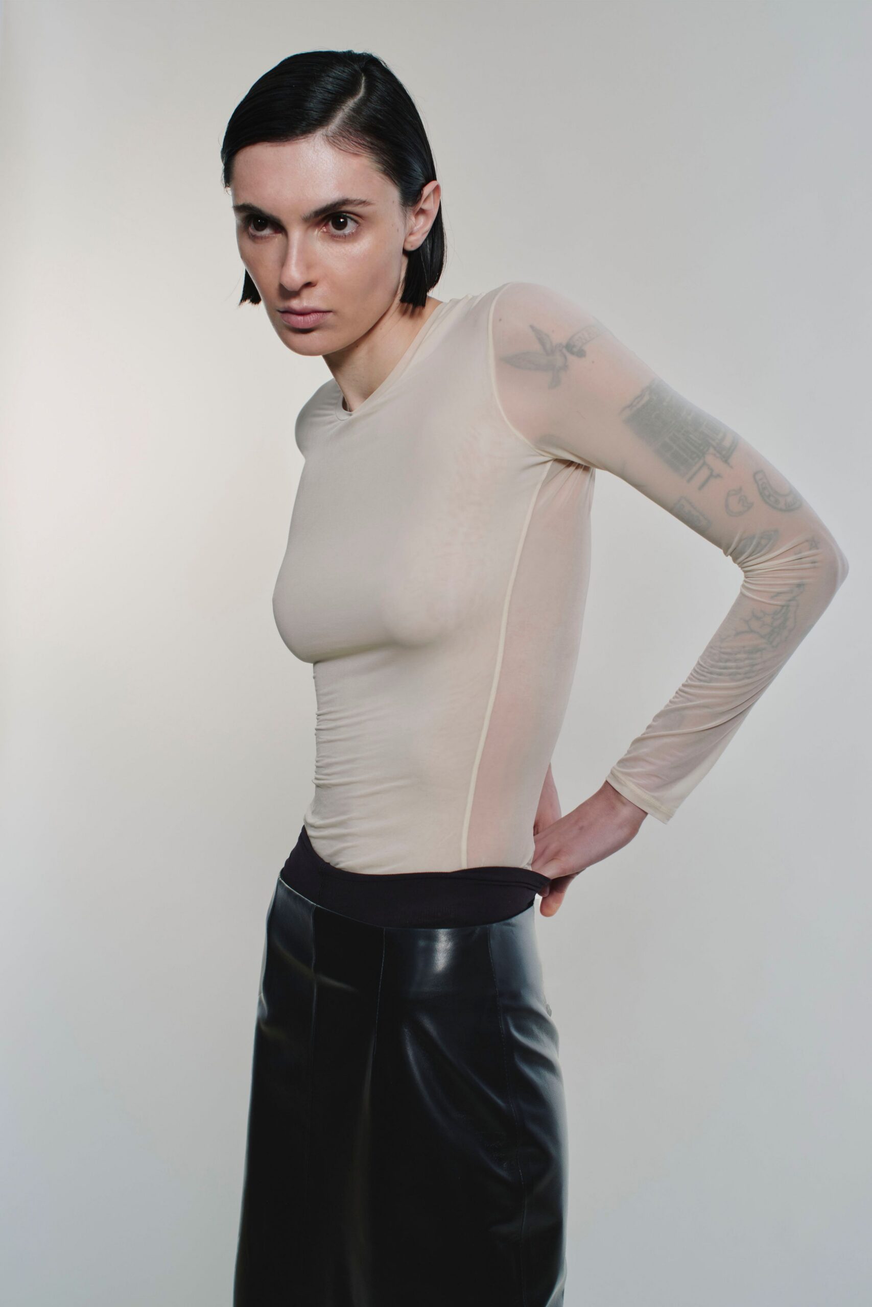 beige mesh long-sleeve scoop-neck fitted sheer top