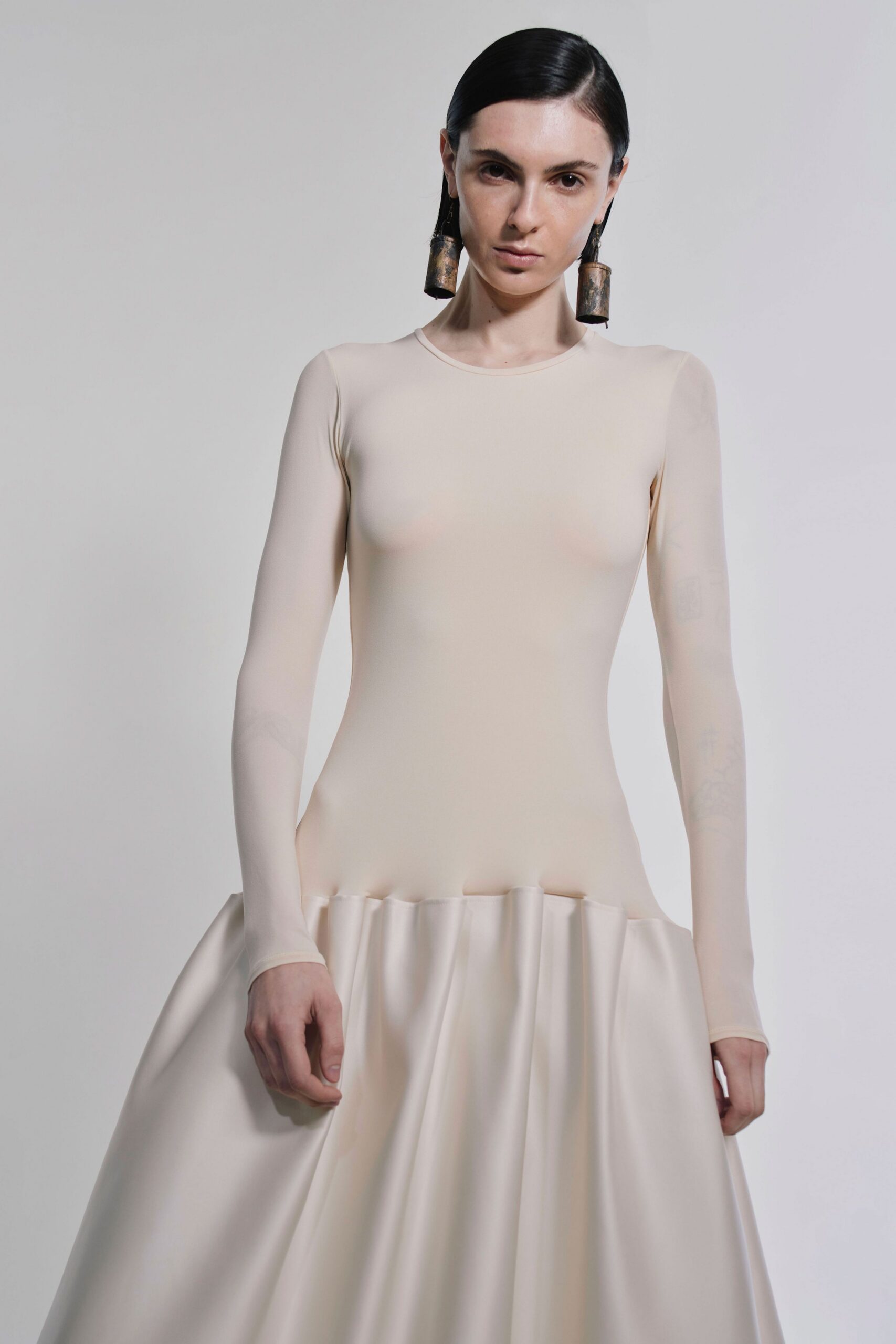 beige silk long-sleeve dress