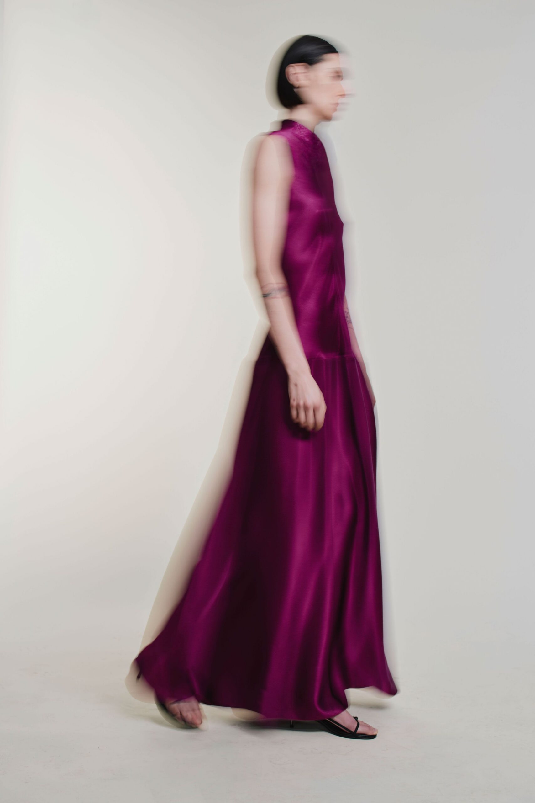purple silk sleeveless gown