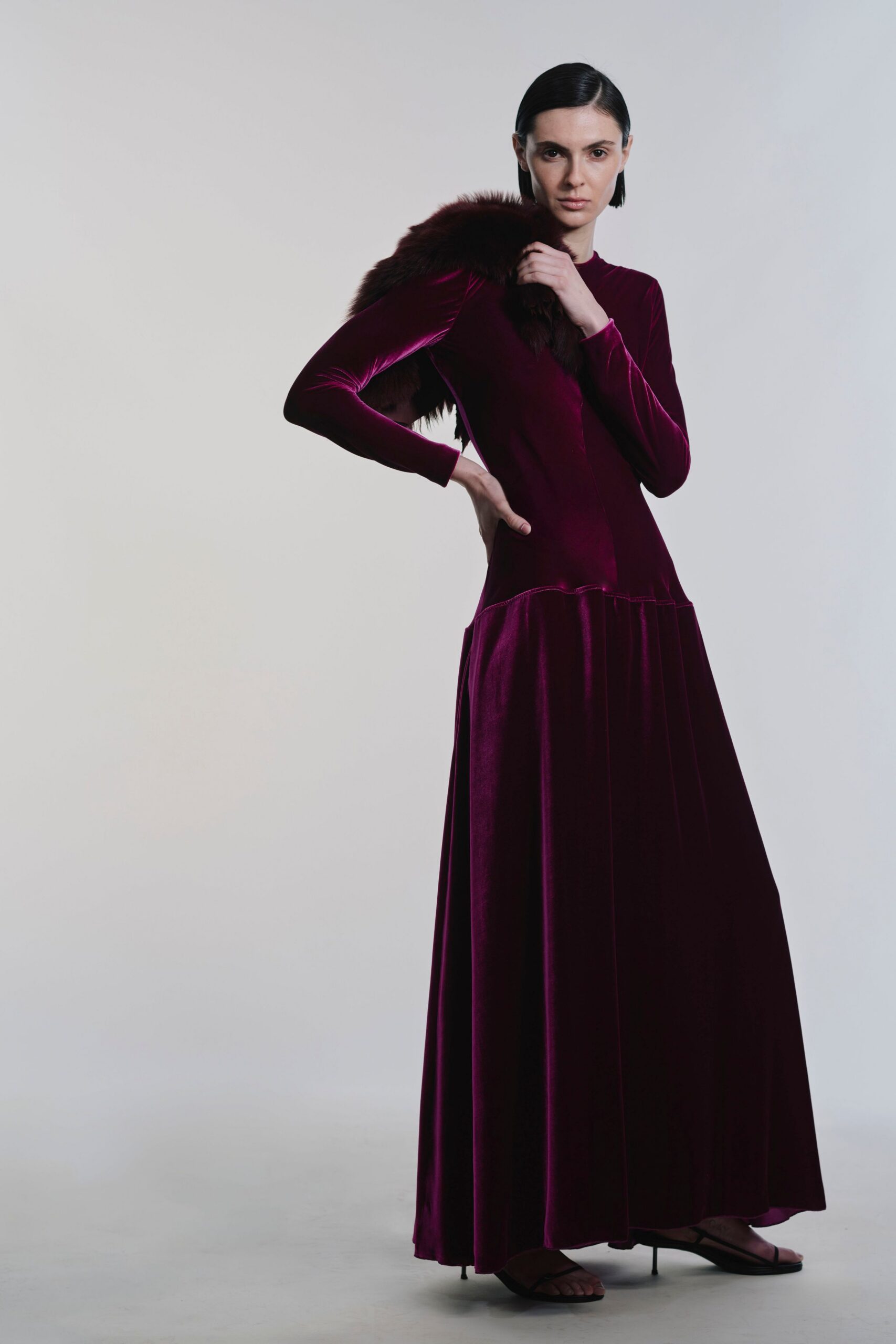 purple velvet long-sleeve v-neck fitted tiered maxi gown