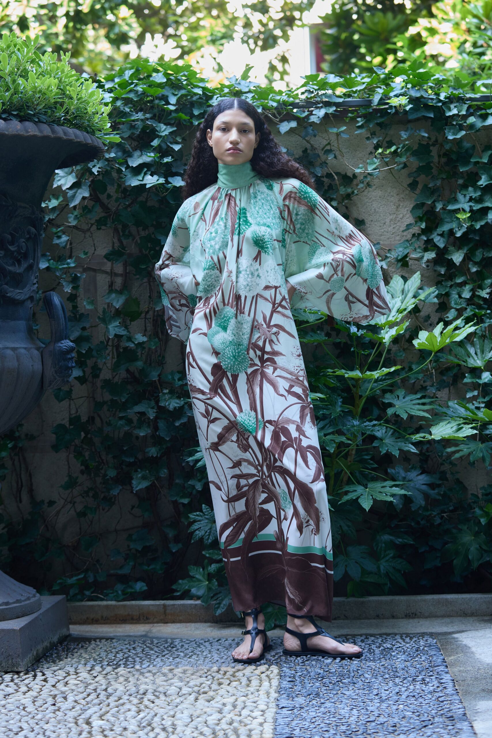 green silk long-sleeve high-neck relaxed printed maxi dress