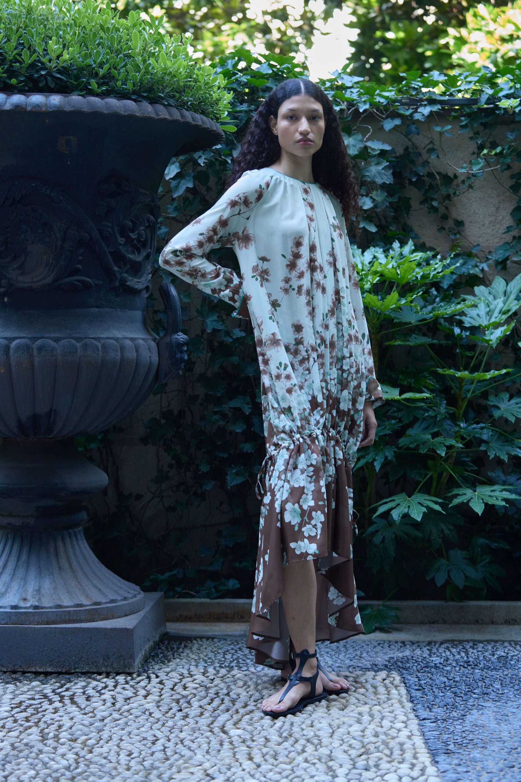 floral midi dress with black sandals
