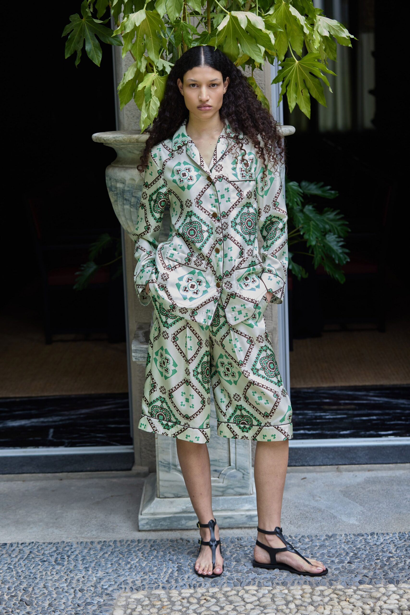 green cotton short-sleeve collared relaxed printed pockets jumpsuit