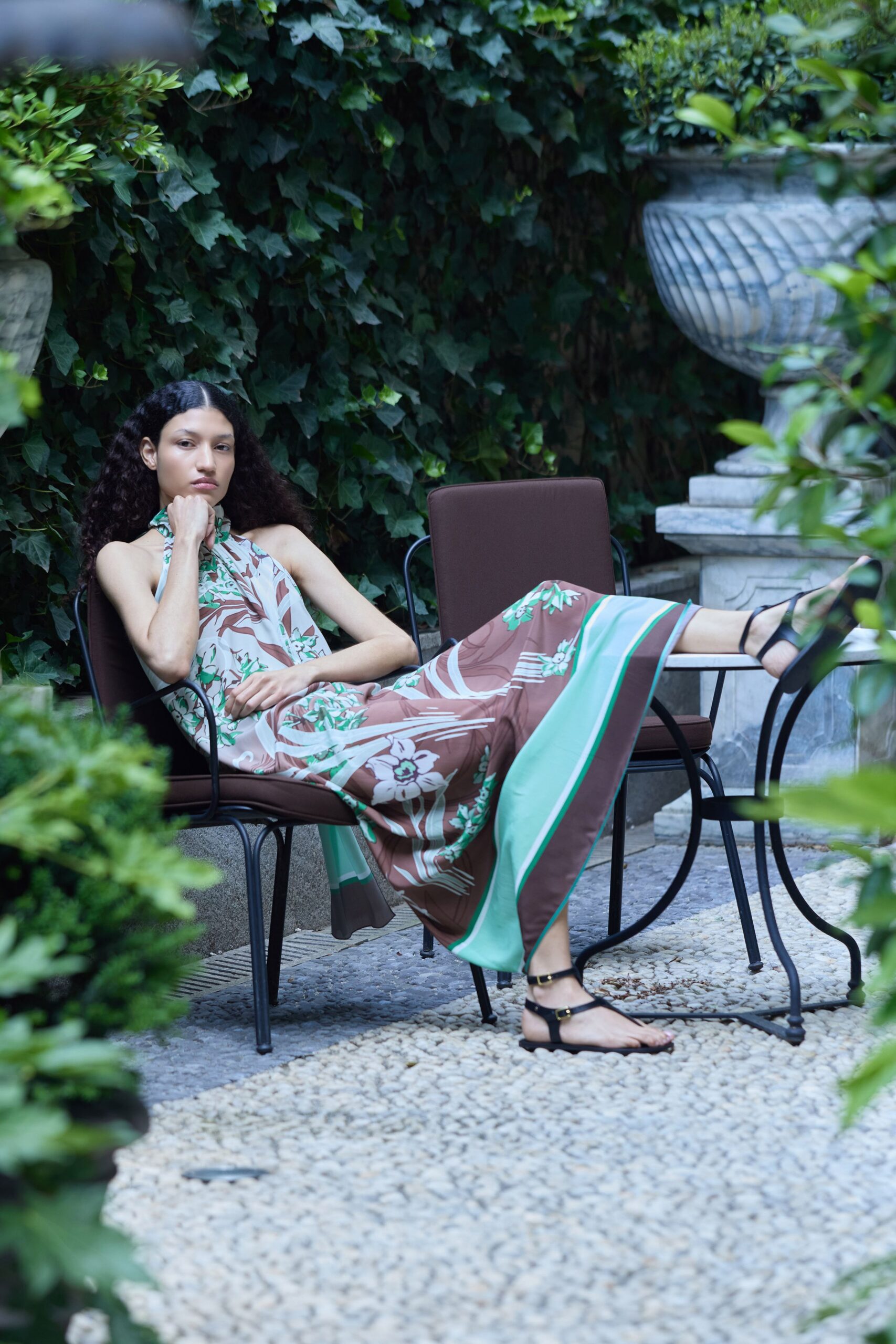 brown silk sleeveless high-neck relaxed flared printed dress