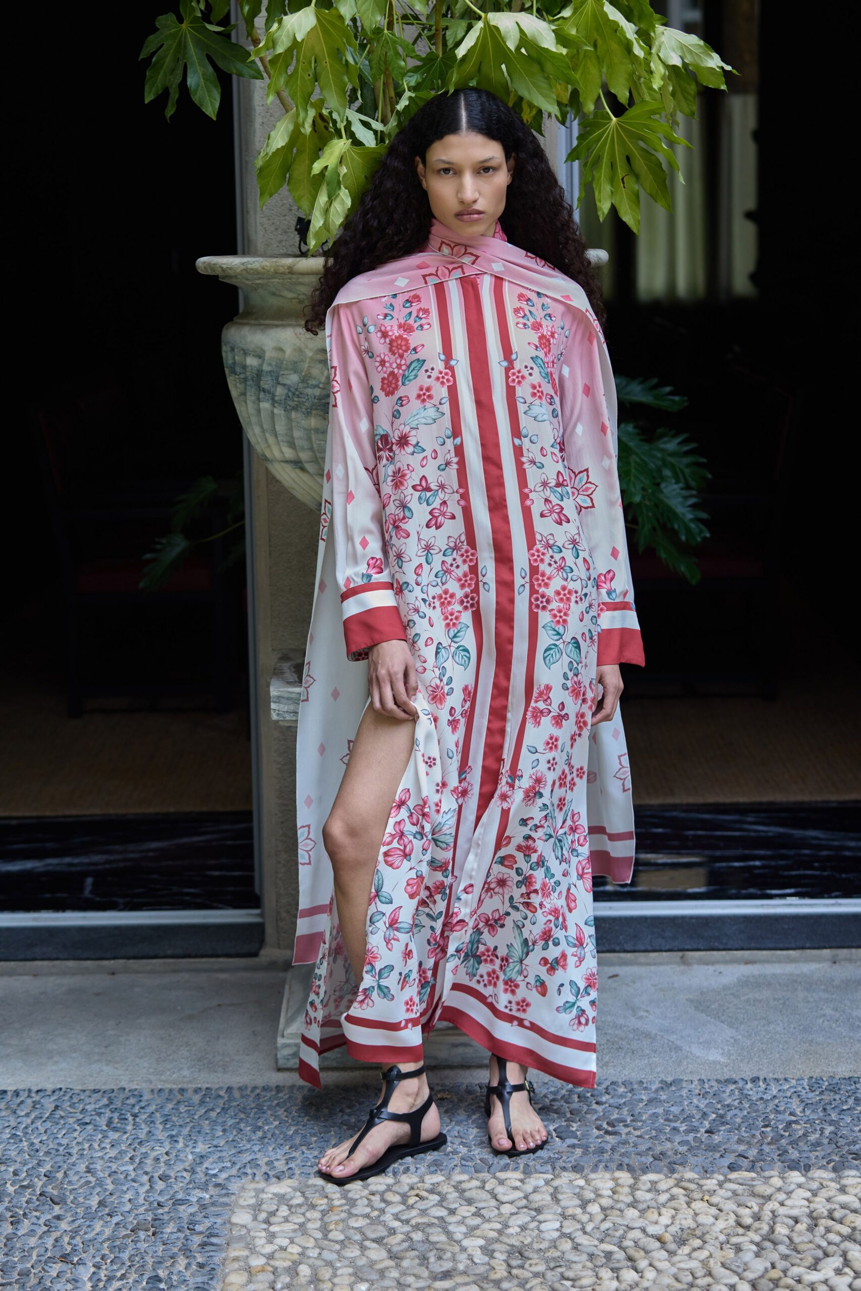 pink silk long-sleeve collared fitted floral striped dress