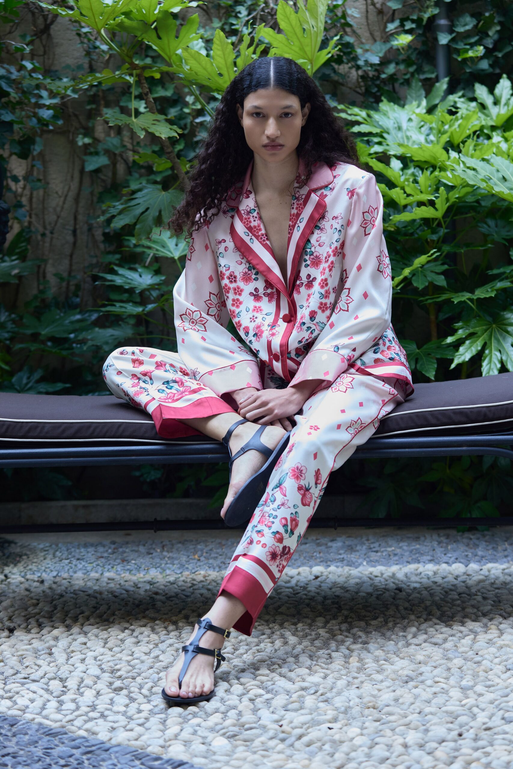 white silk long-sleeve collared relaxed floral buttoned pants
