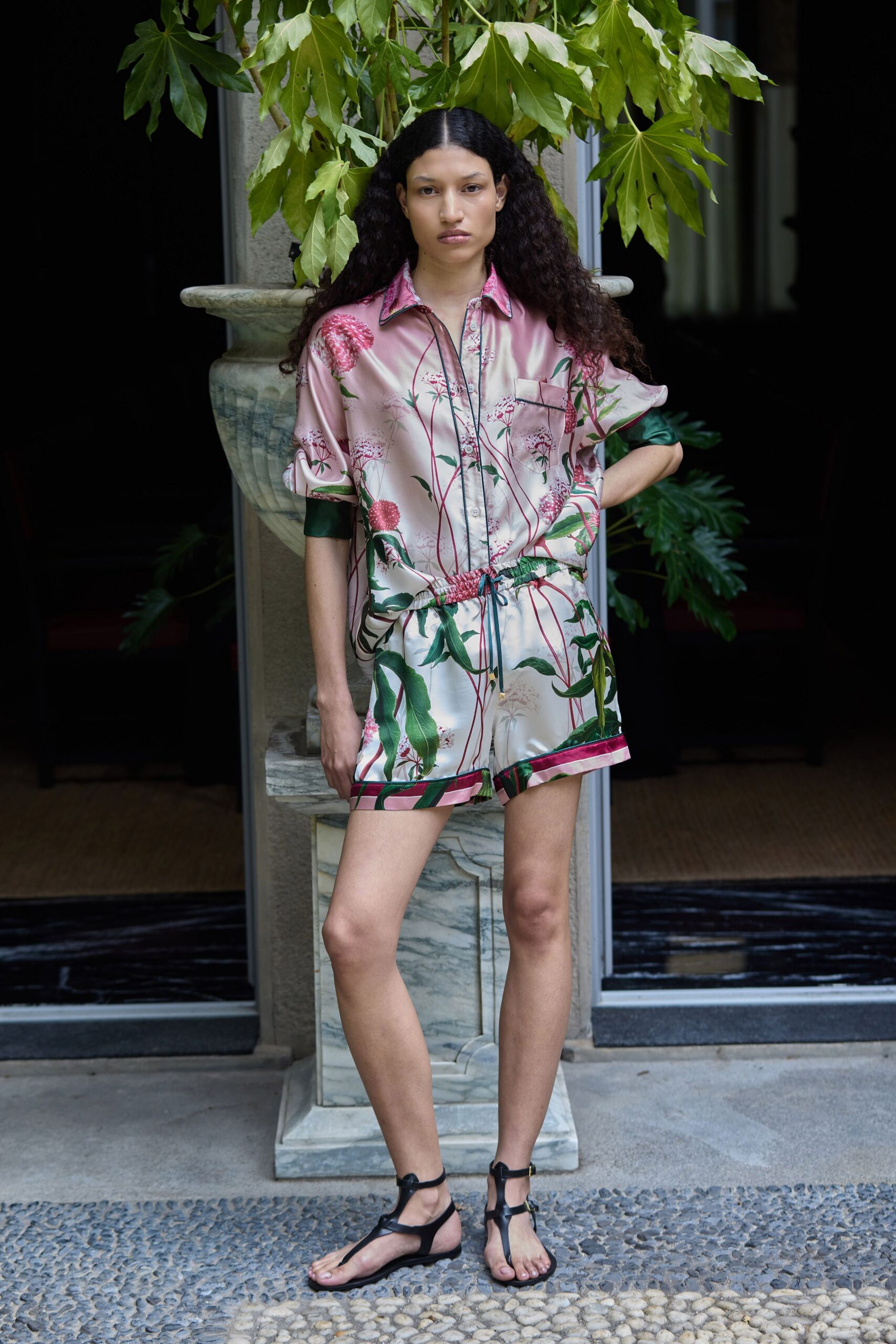 pink silk short-sleeve collared relaxed floral belted shirt-dress