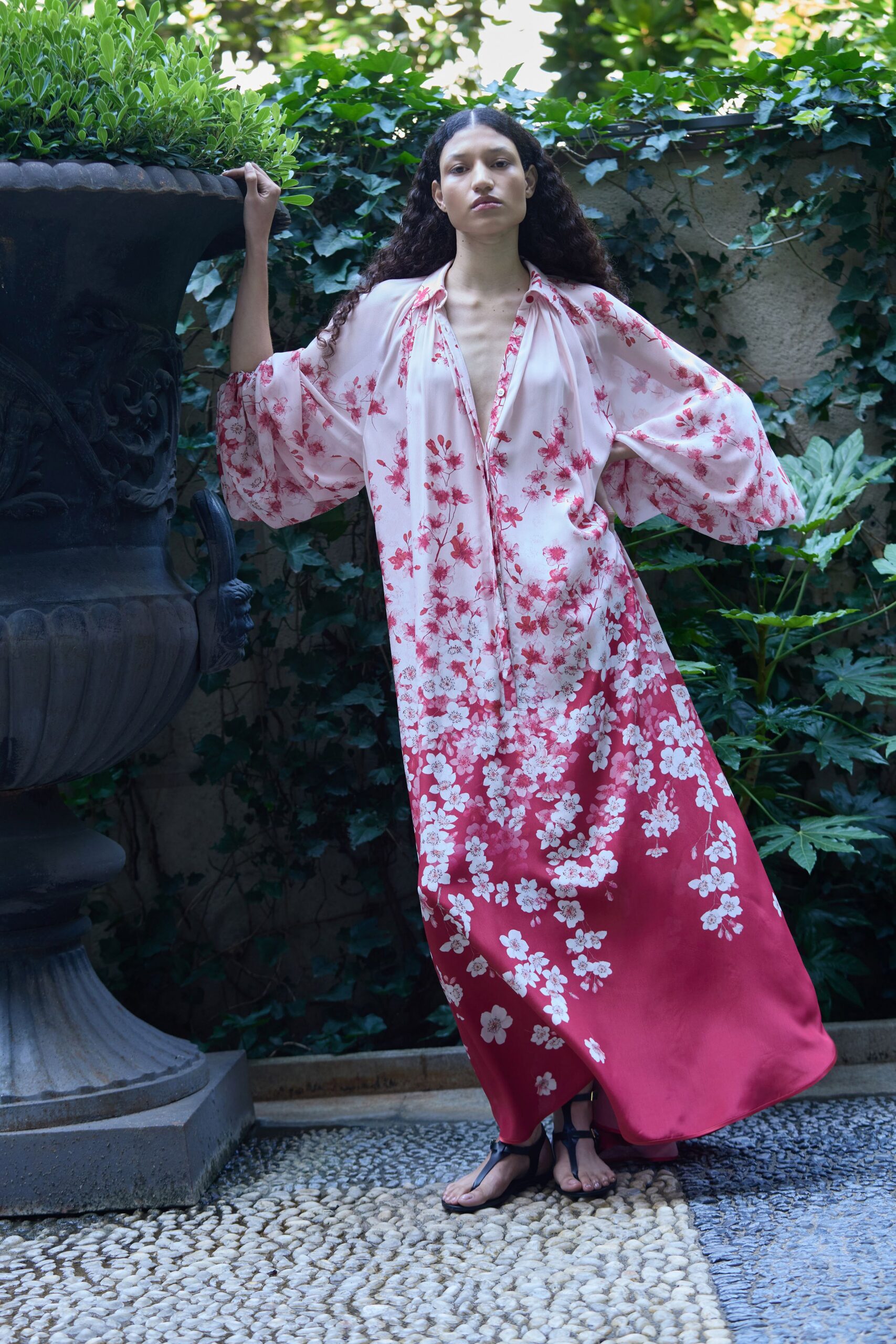 pink silk long-sleeve v-neck relaxed floral layered gown