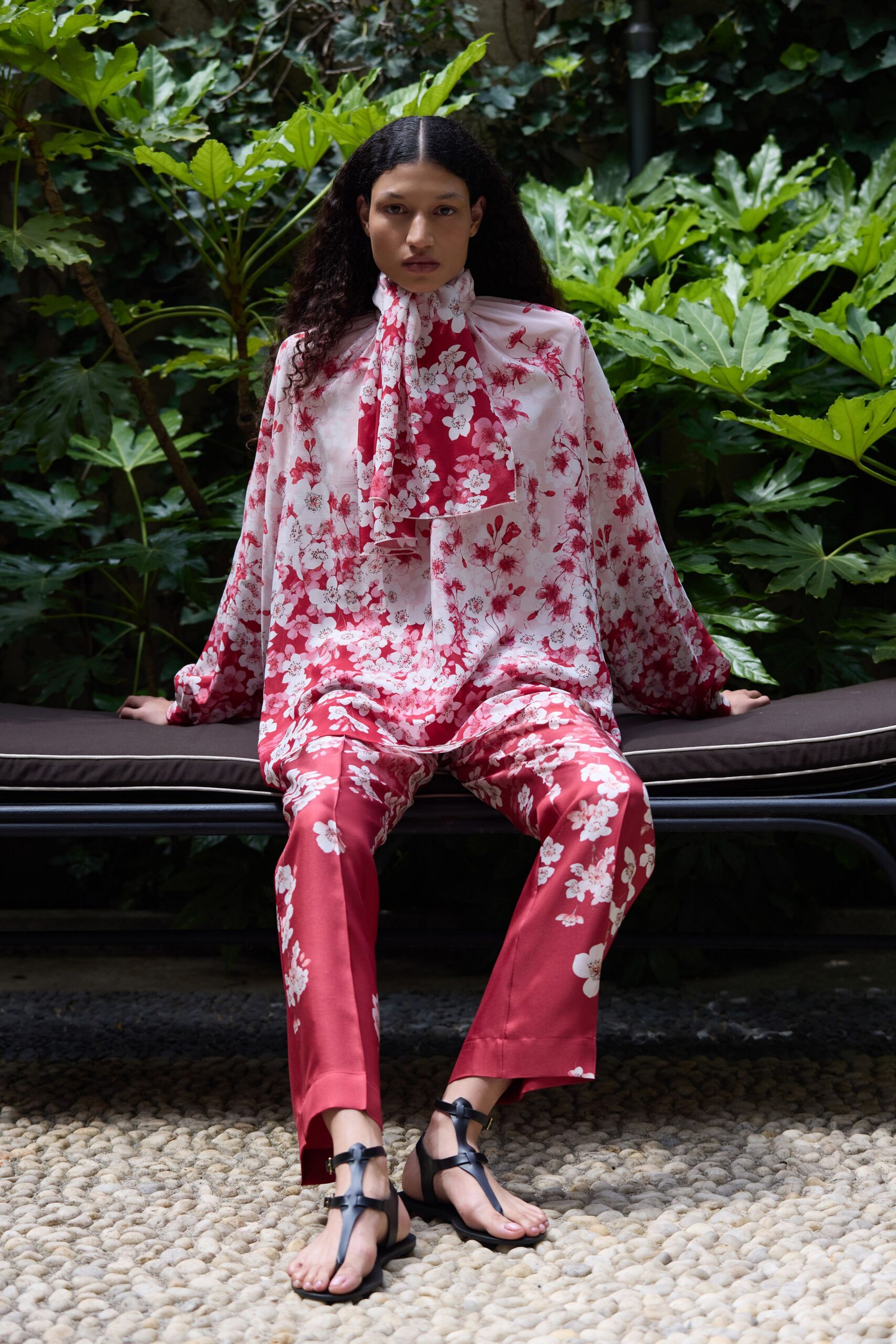 white silk long-sleeve collared relaxed floral ruffled blouse