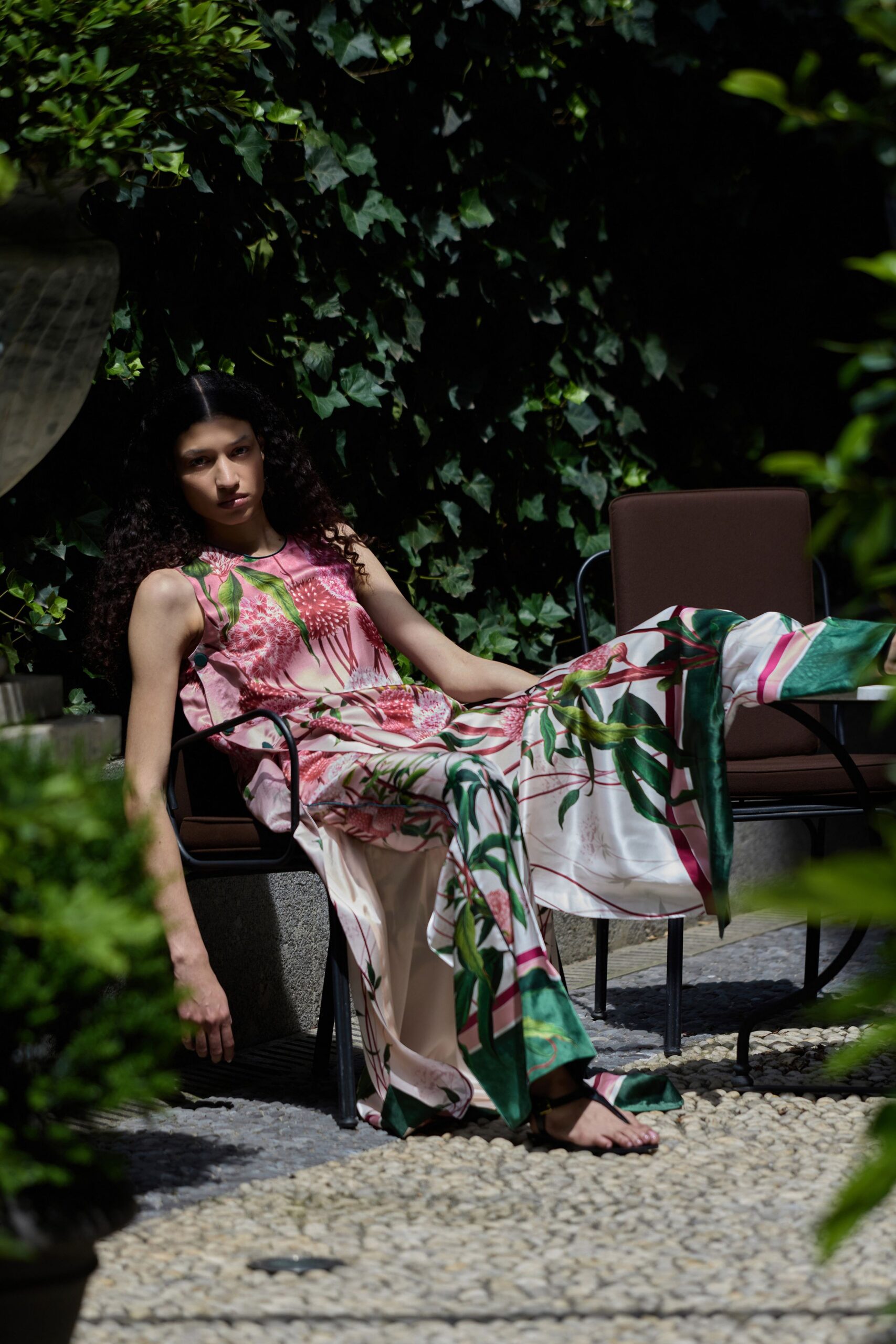 pink silk sleeveless v-neck relaxed floral layered dress