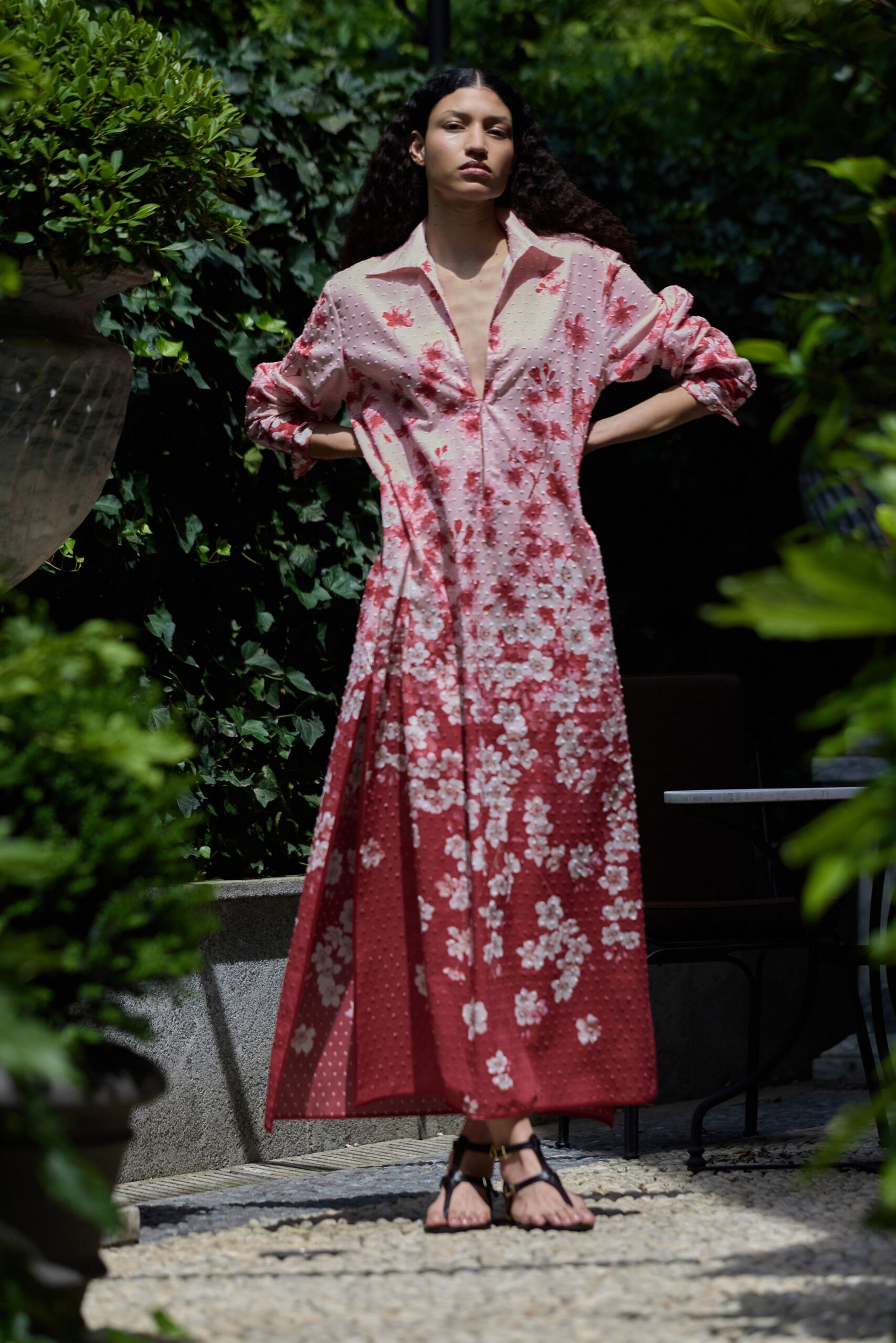 pink cotton long-sleeve collared relaxed floral buttoned dress