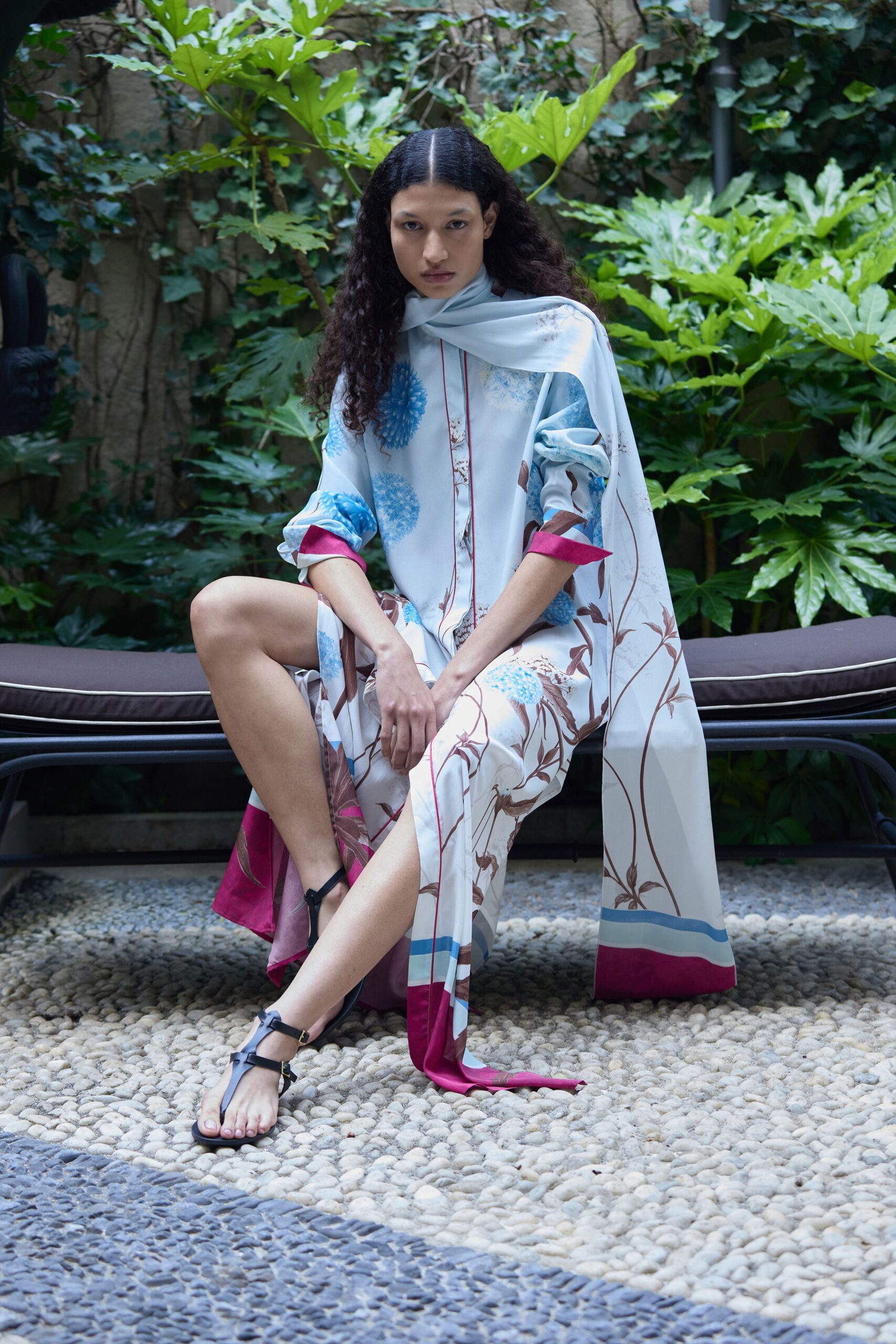 blue silk long-sleeve collared relaxed printed midi dress