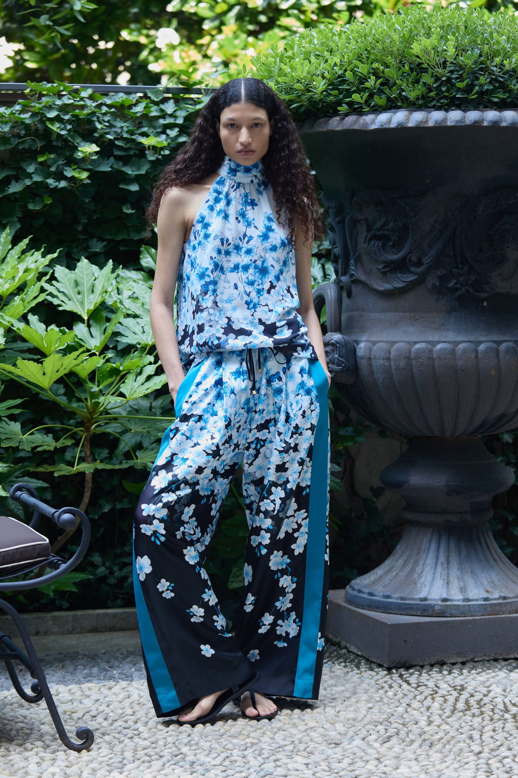 black silk relaxed floral flared pants