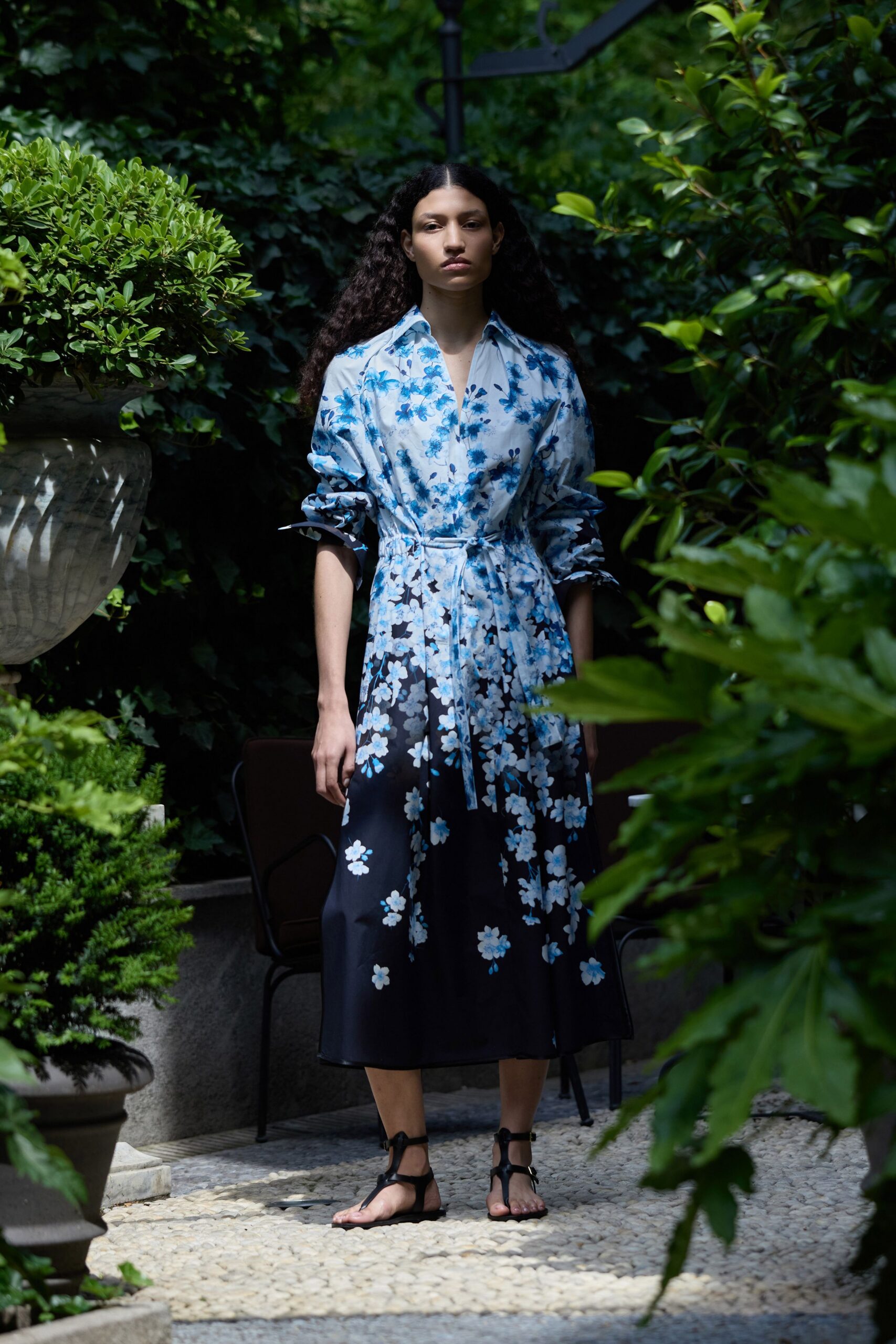blue silk long-sleeve collared fitted floral belted dress