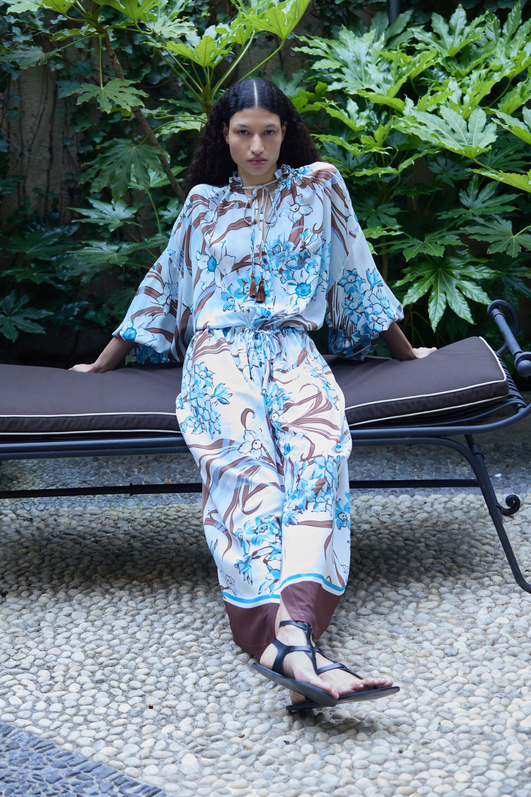 blue silk relaxed flared pants