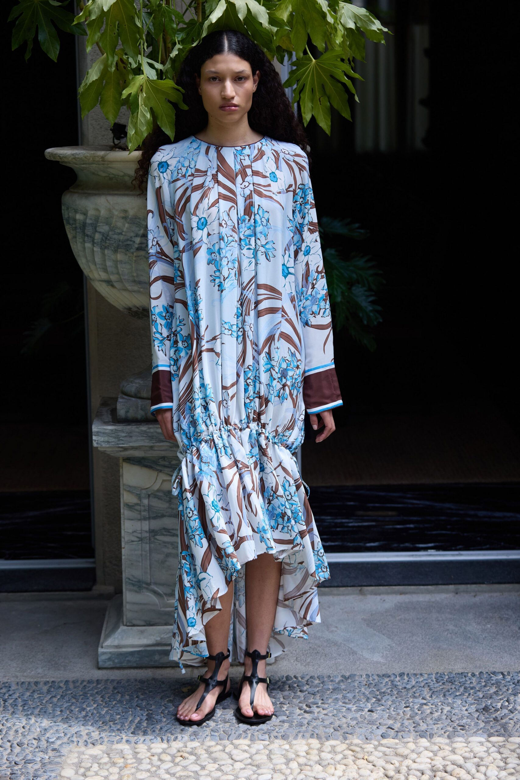 blue cotton long-sleeve collared relaxed flared tiered dress