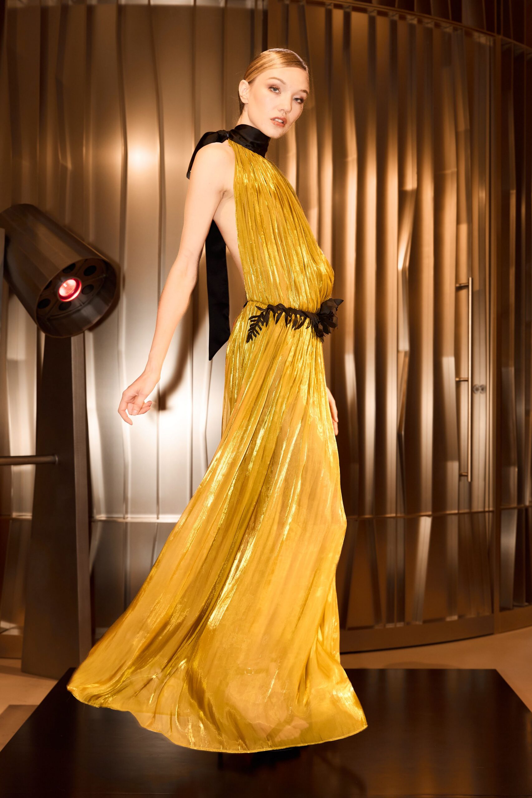 fitted yellow silk gown