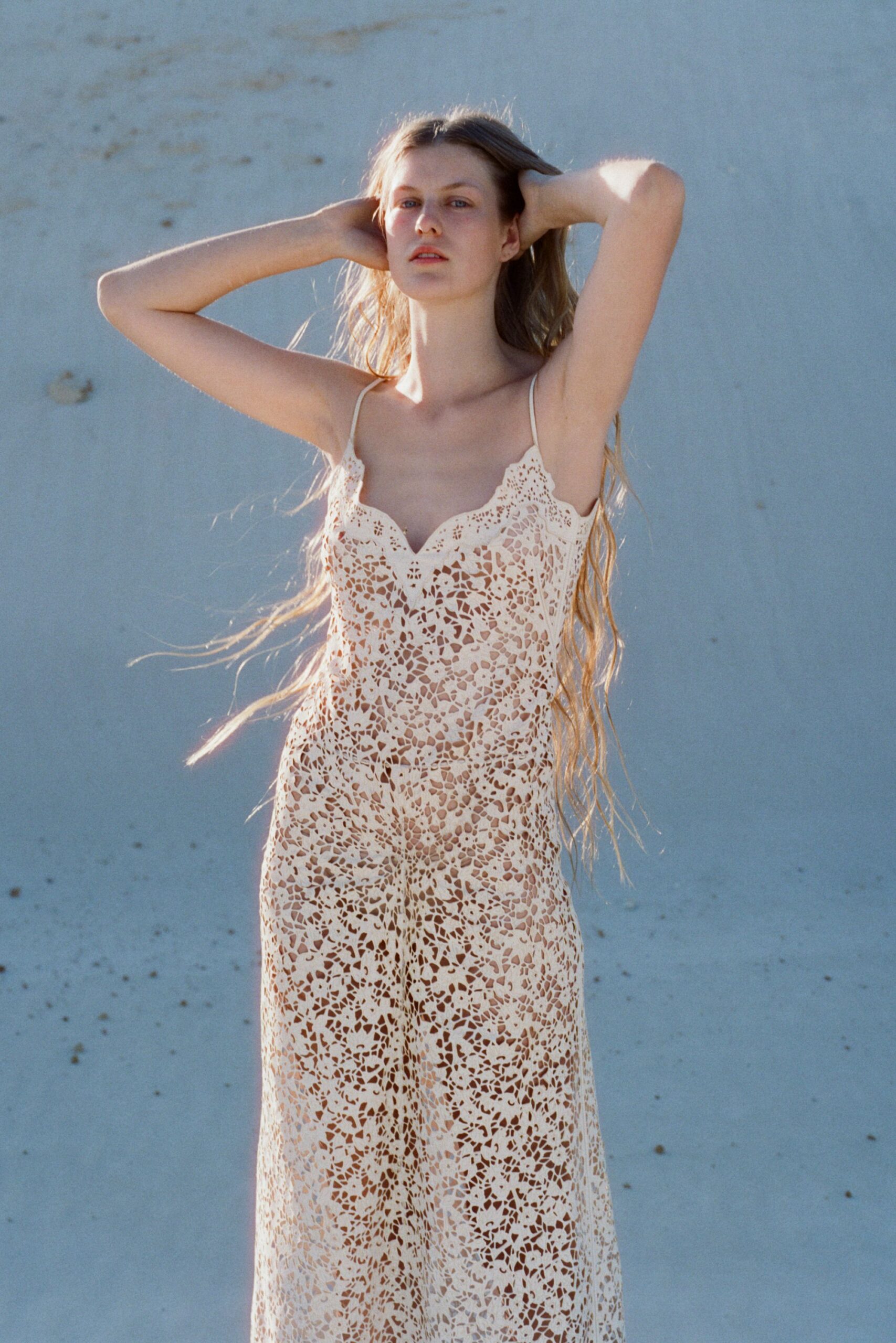 beige lace sleeveless gown