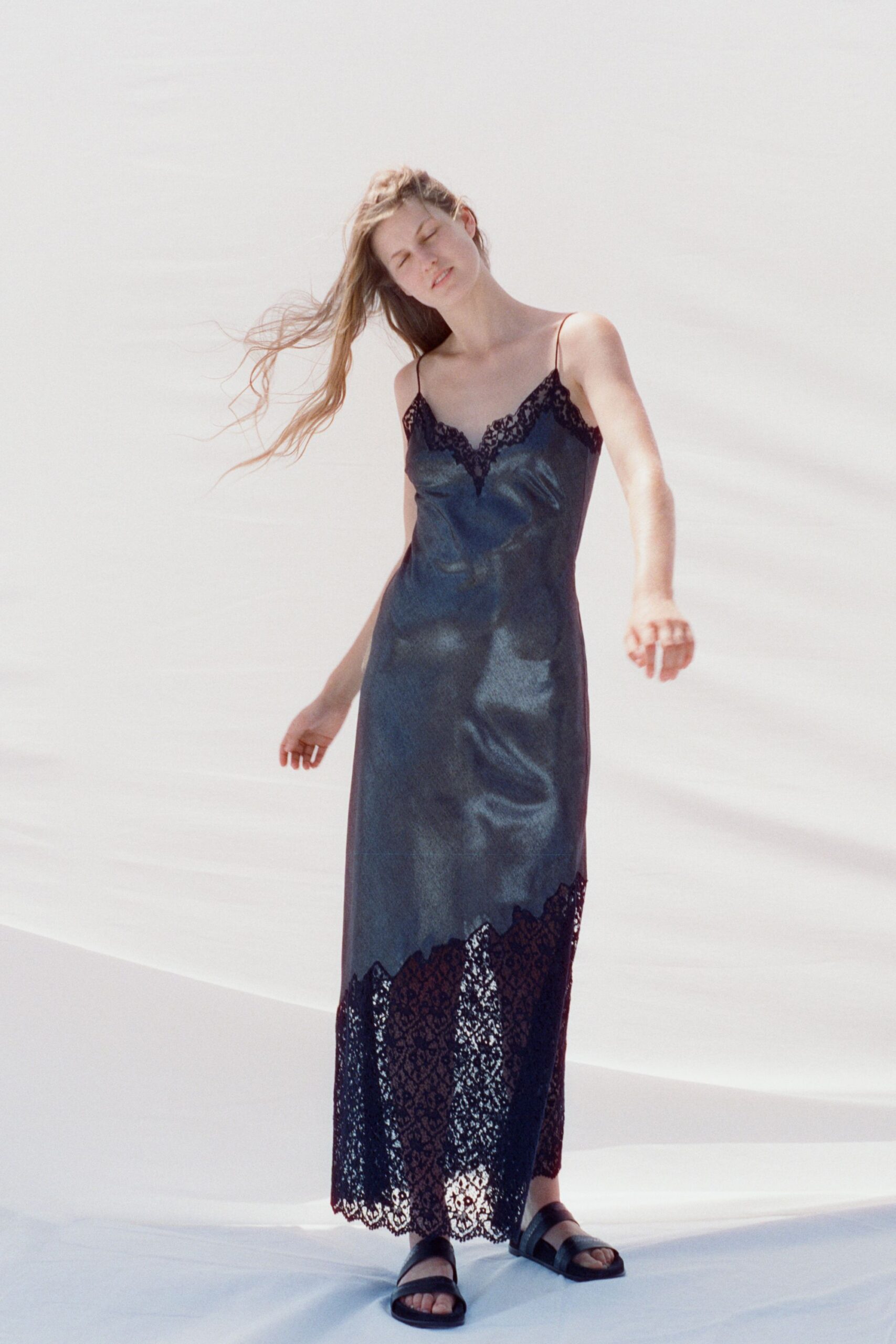 black silk sleeveless v-neck fitted layered sheer dress