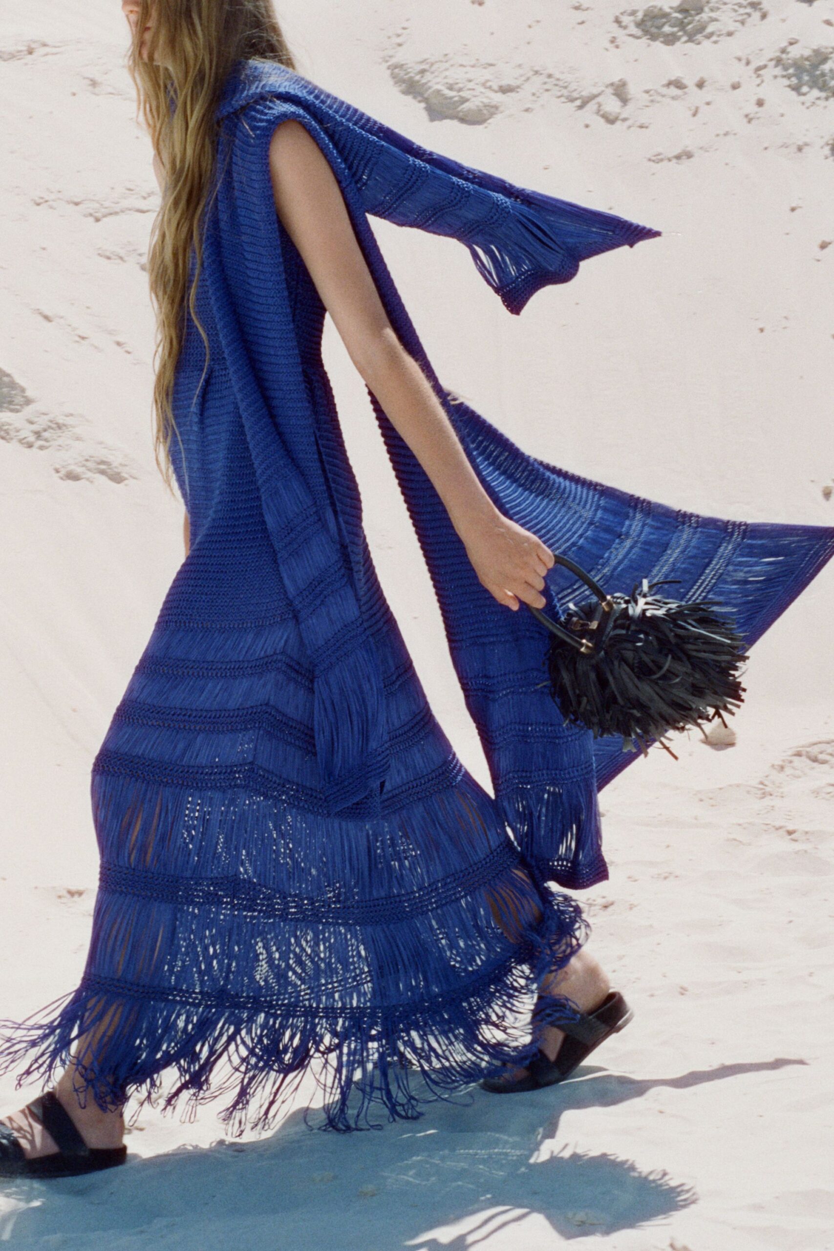 blue fringed maxi dress