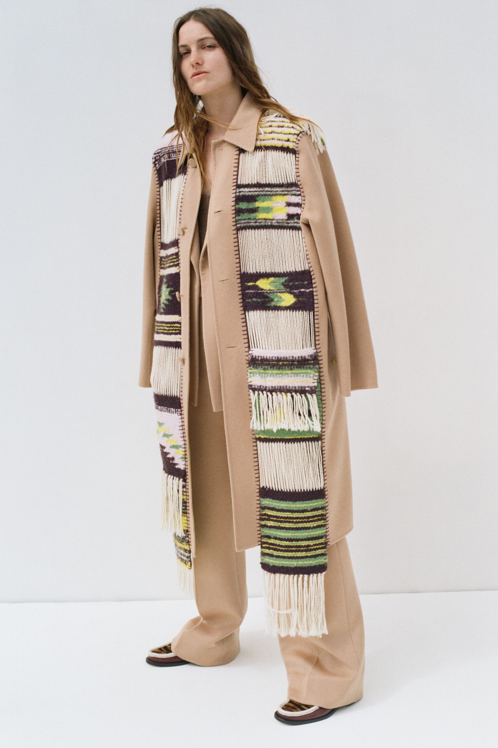 beige wool long-sleeve collared relaxed layered coat