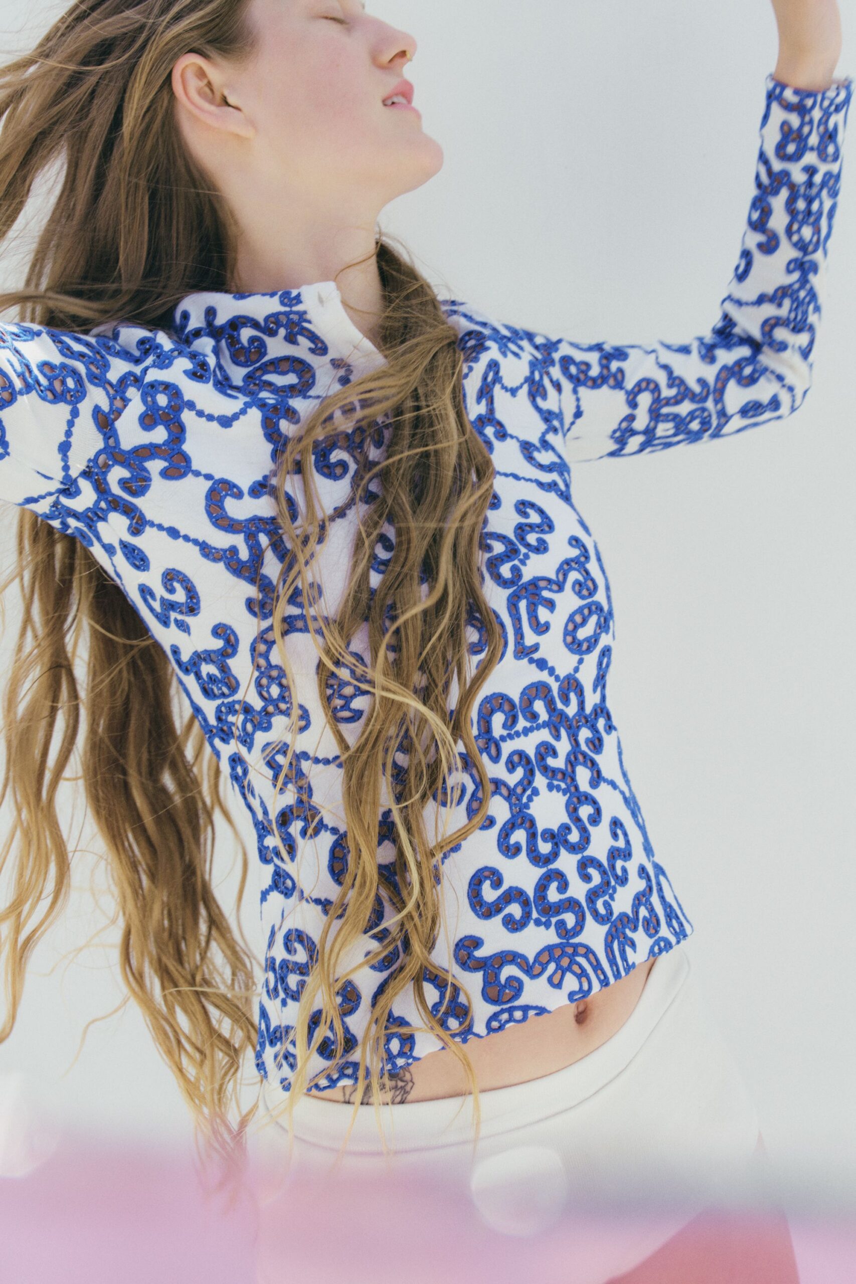 white cotton long-sleeve collared fitted embroidered top