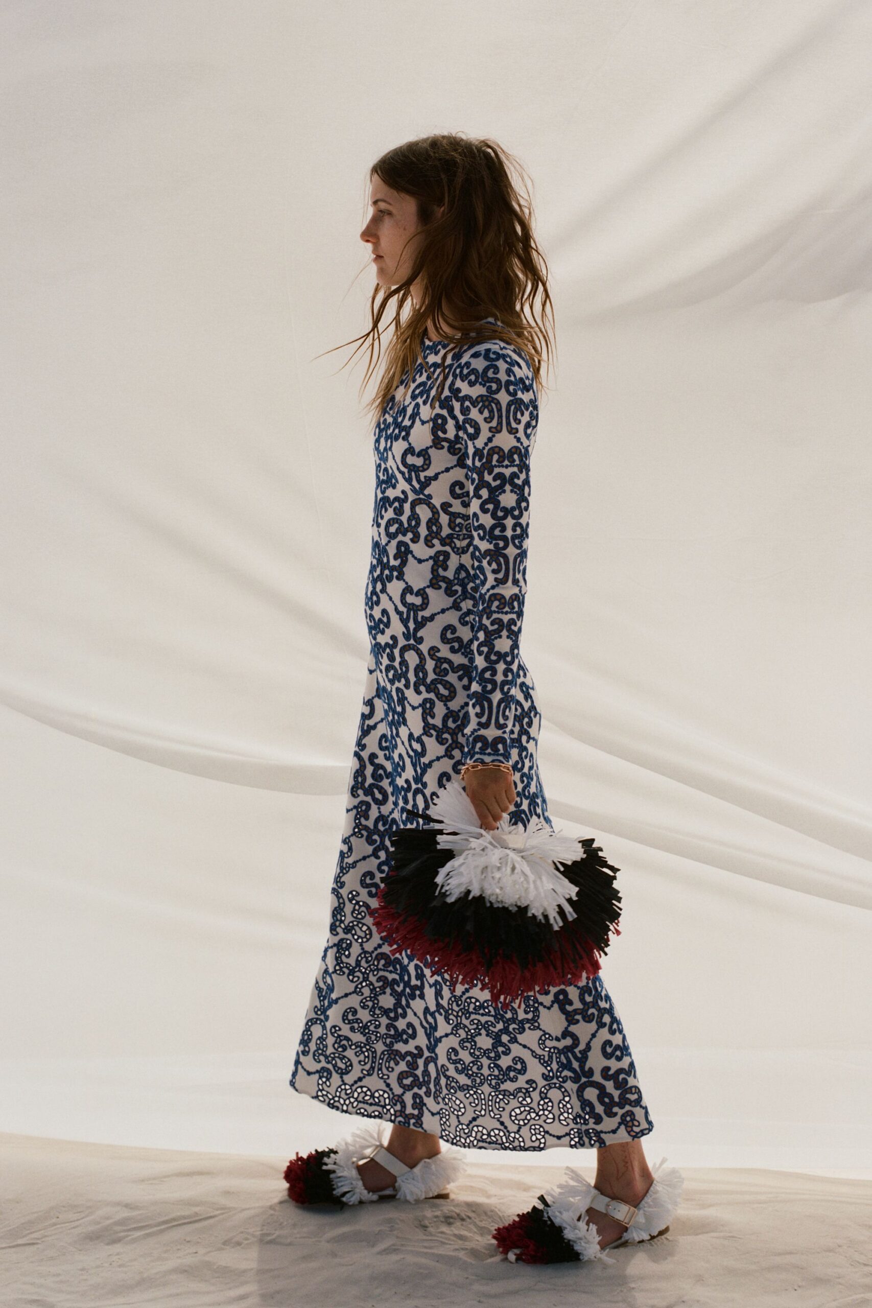 blue and white printed midi dress