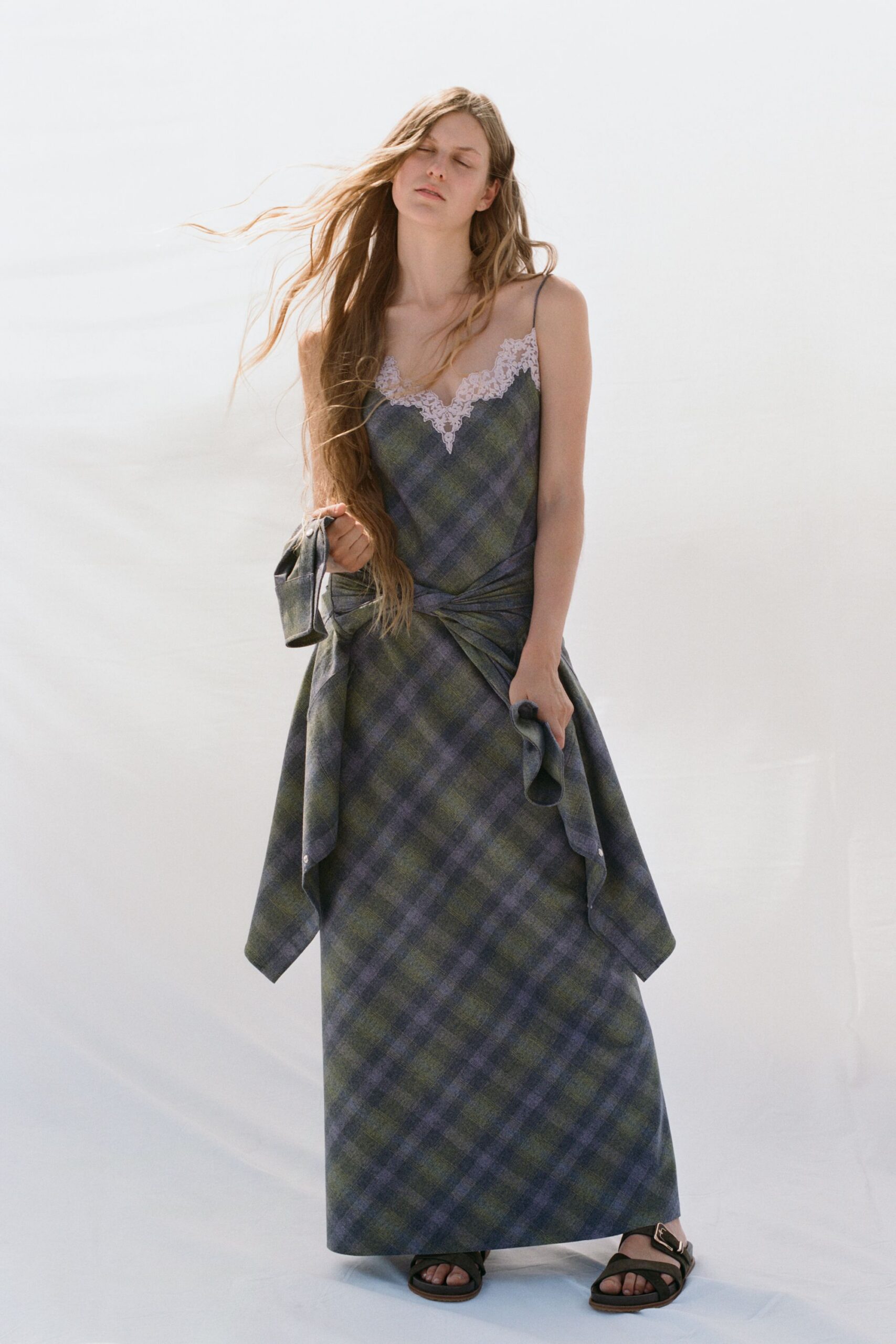 green cotton sleeveless v-neck fitted checked ruched gown