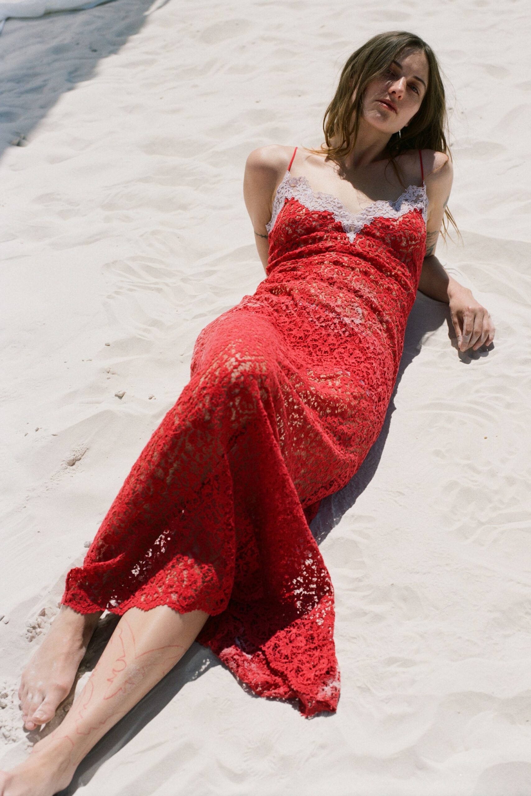 red lace sleeveless gown