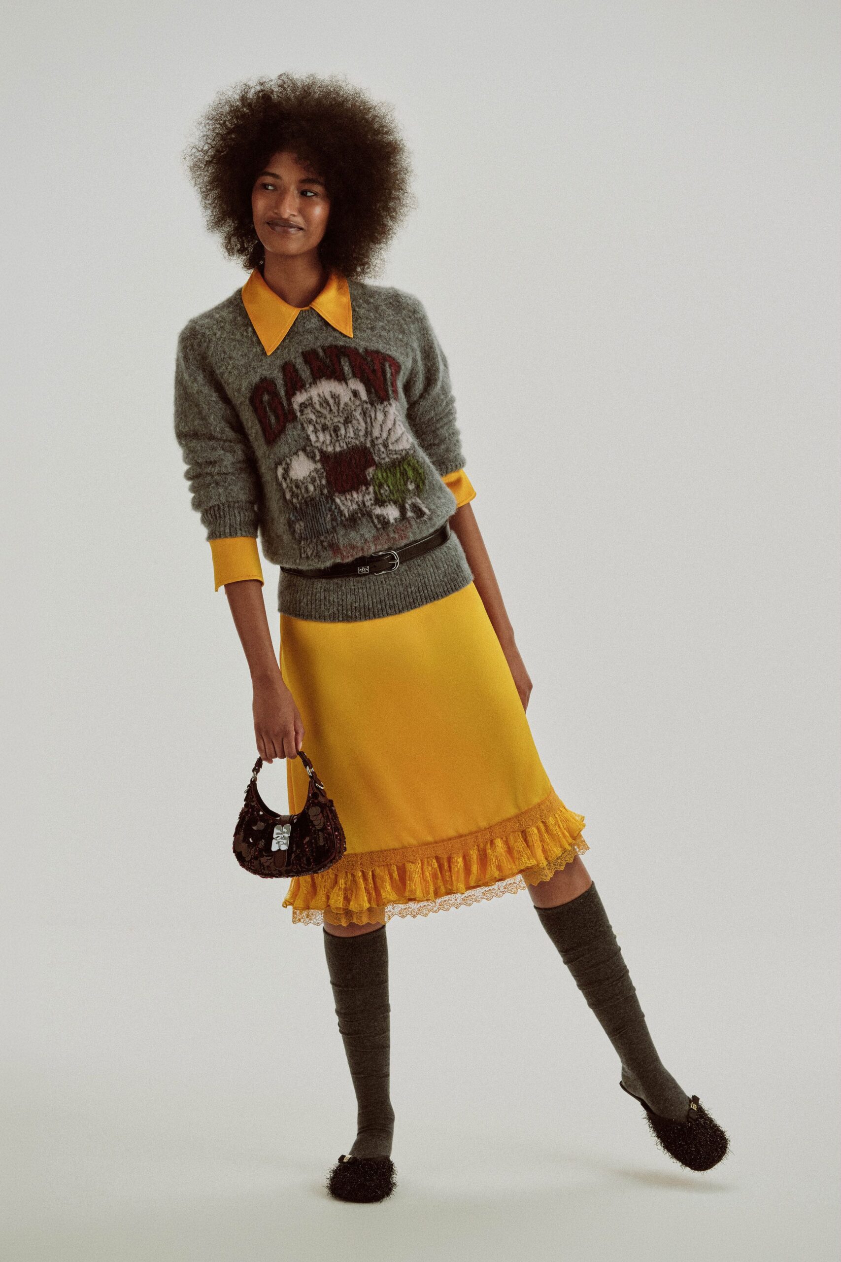 yellow cotton fitted tiered midi skirt