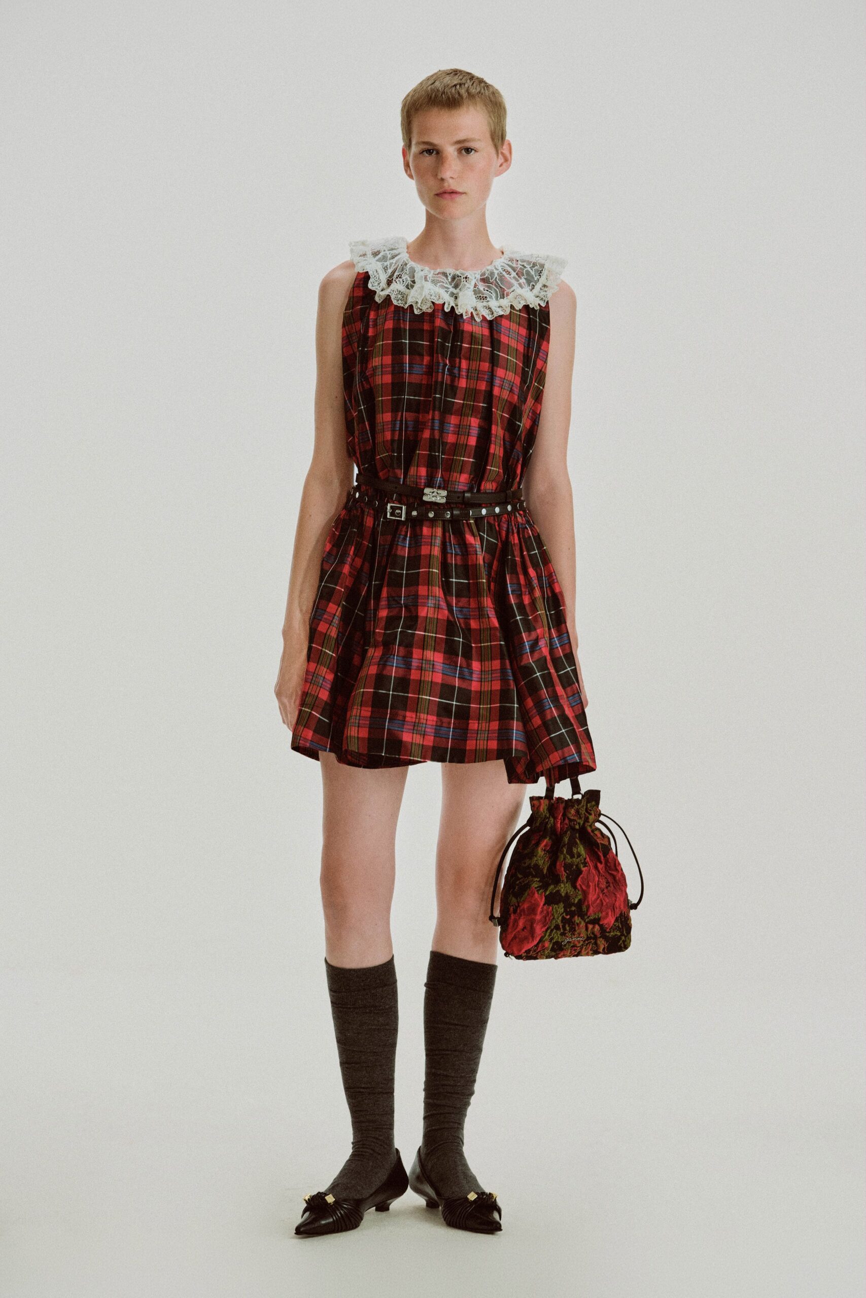 red cotton sleeveless collared fitted pleated belted dress