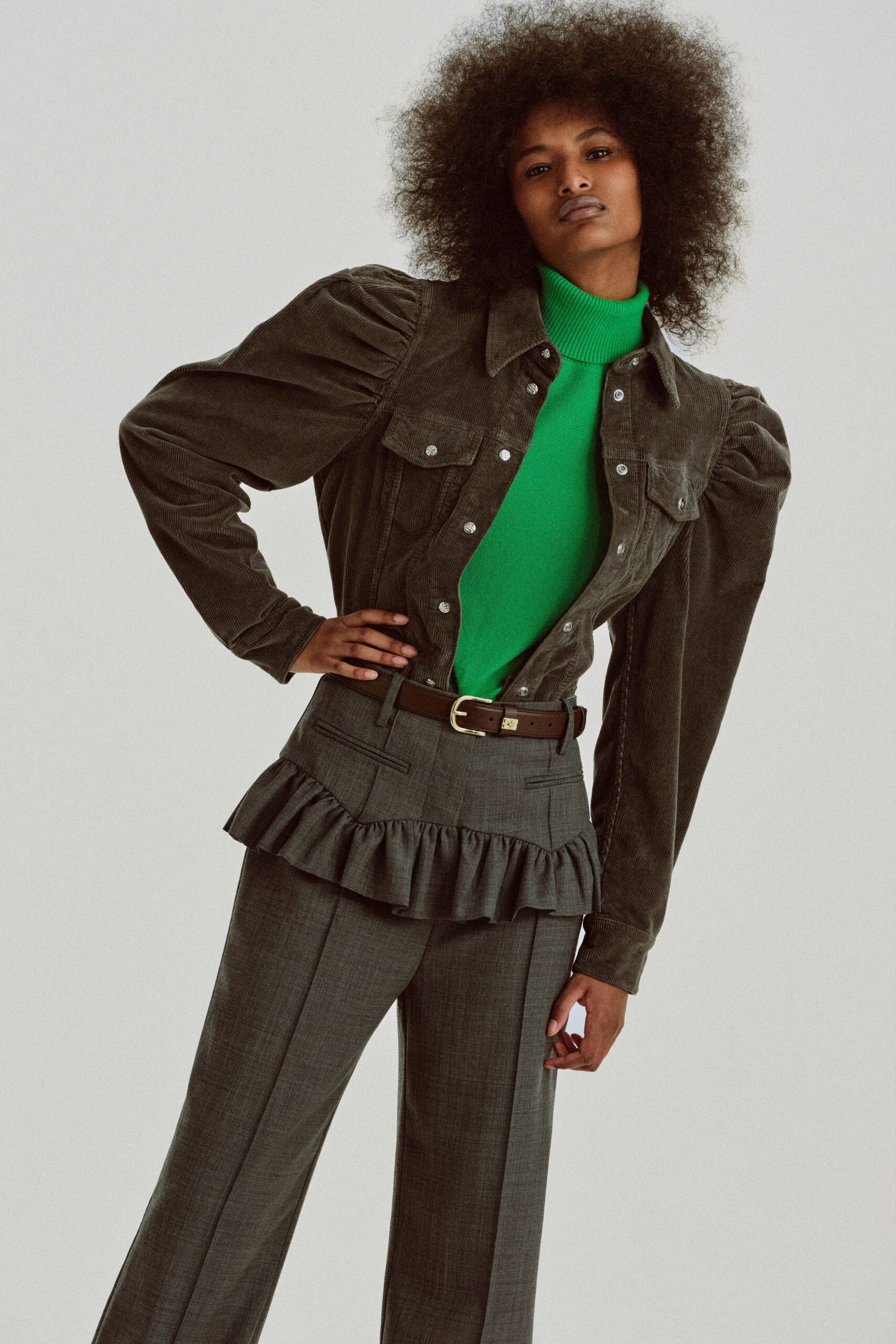 green cotton long-sleeve high-neck fitted top