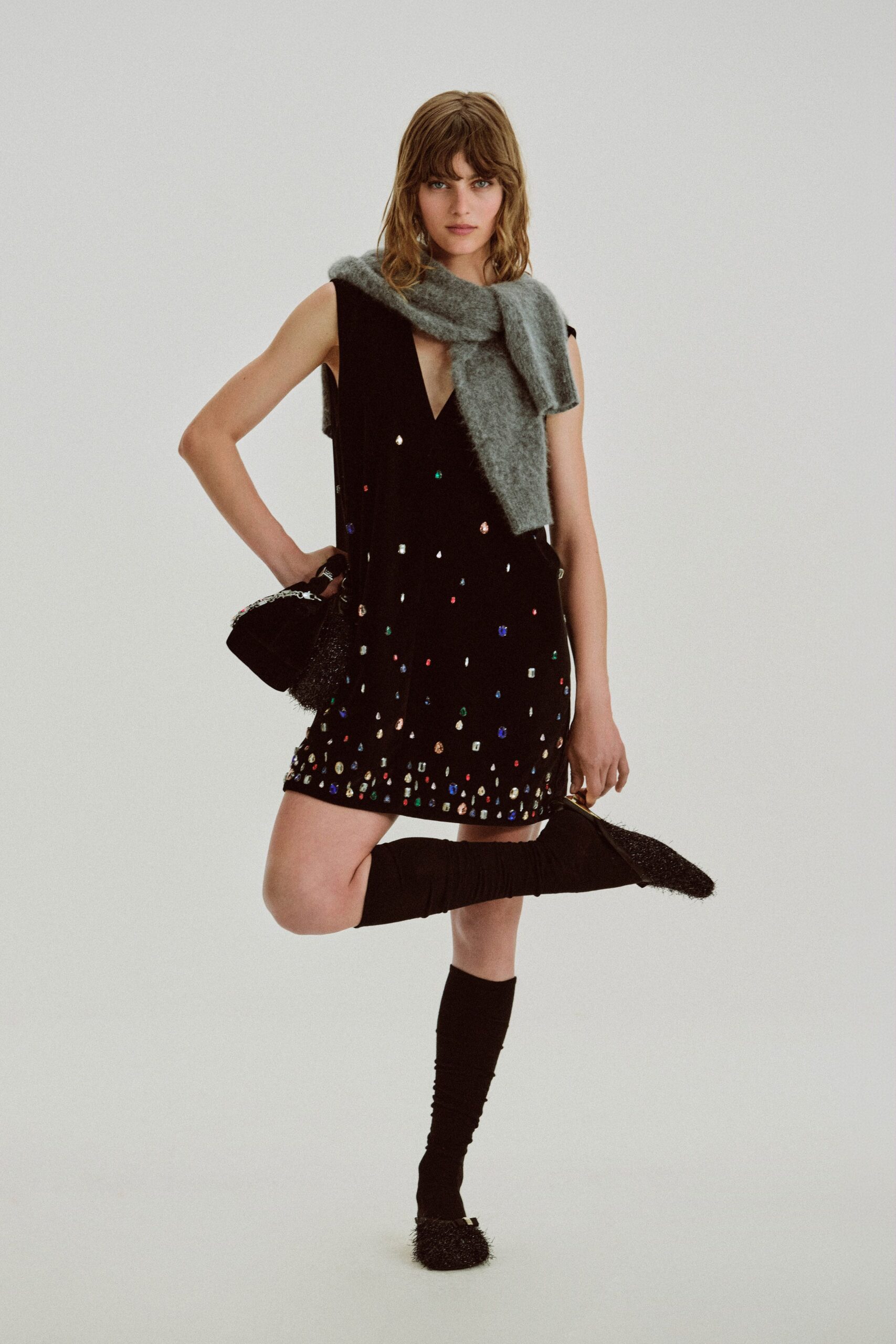 black velvet sleeveless v-neck fitted beaded mini dress