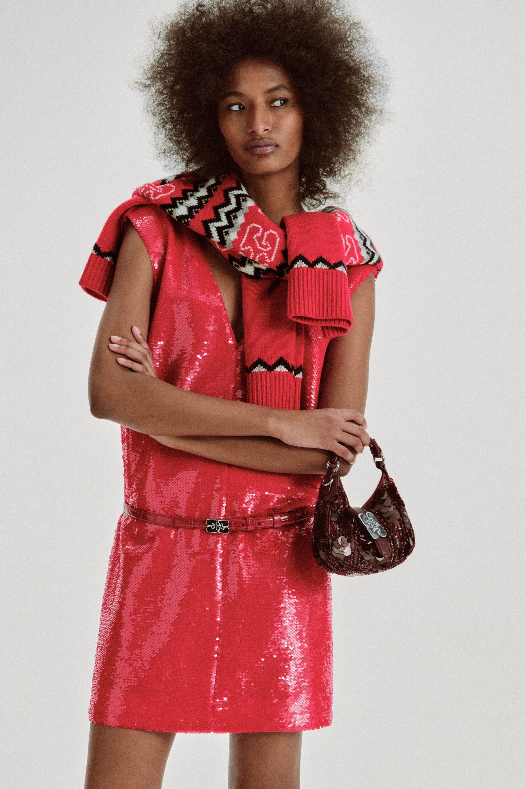 red sequin sleeveless v-neck fitted embellished shiny dress