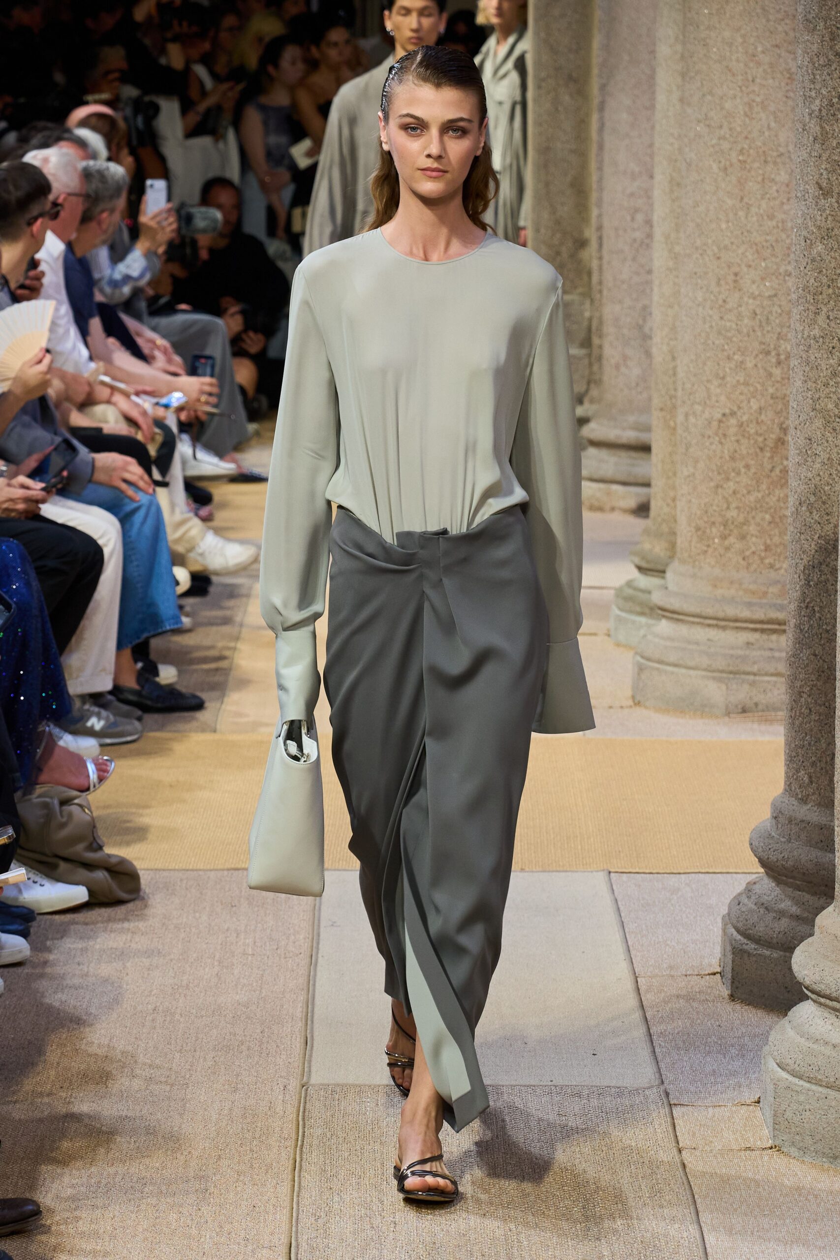 gray silk asymmetric fitted pleated skirt