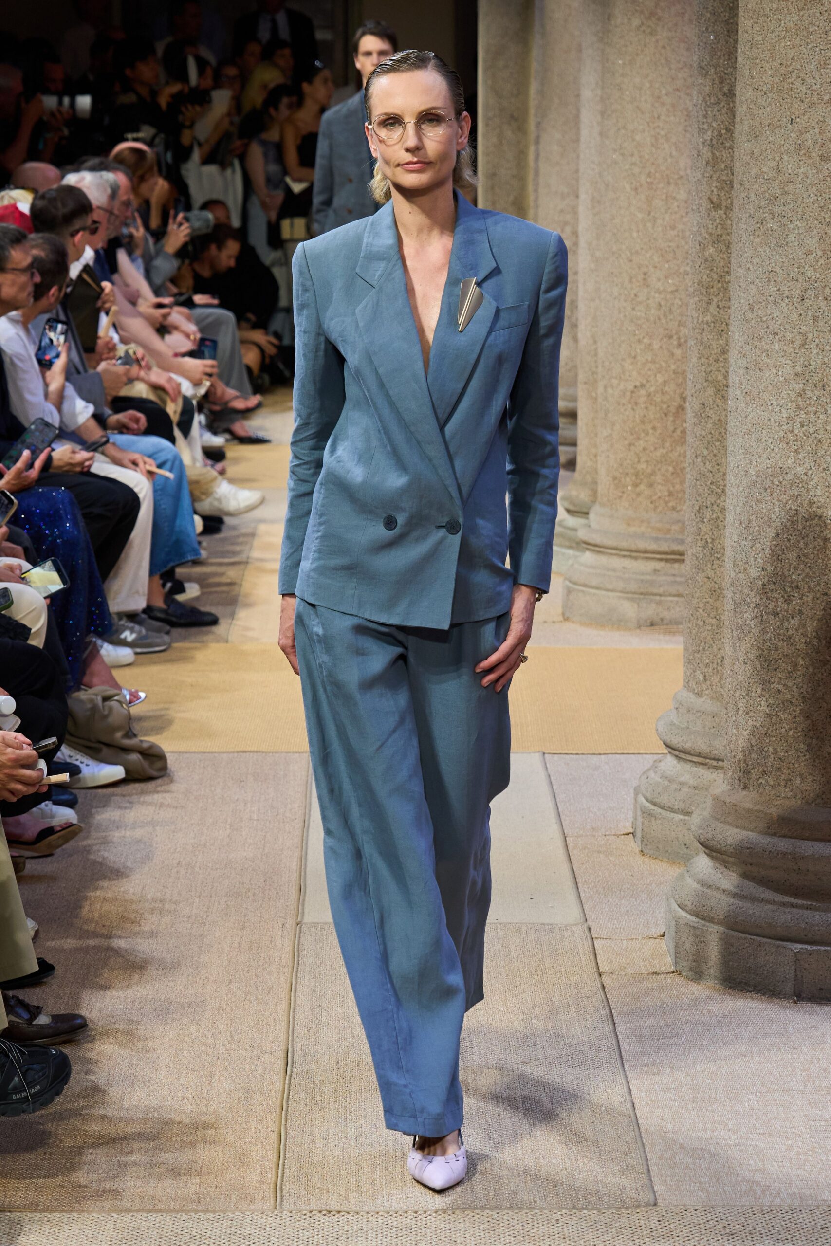 blue cotton long-sleeve v-neck tailored buttoned suit