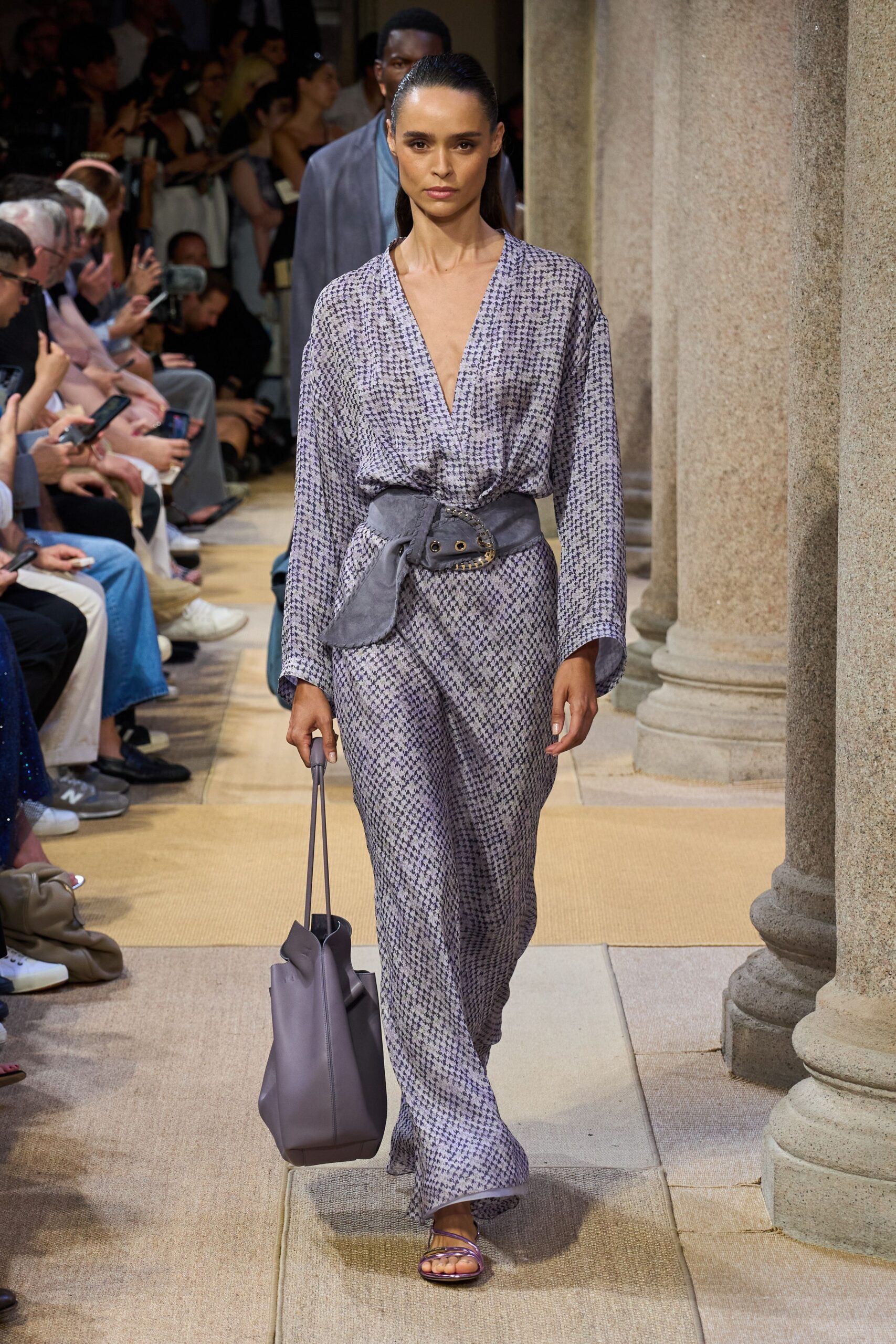 gray silk long-sleeve v-neck relaxed printed maxi dress