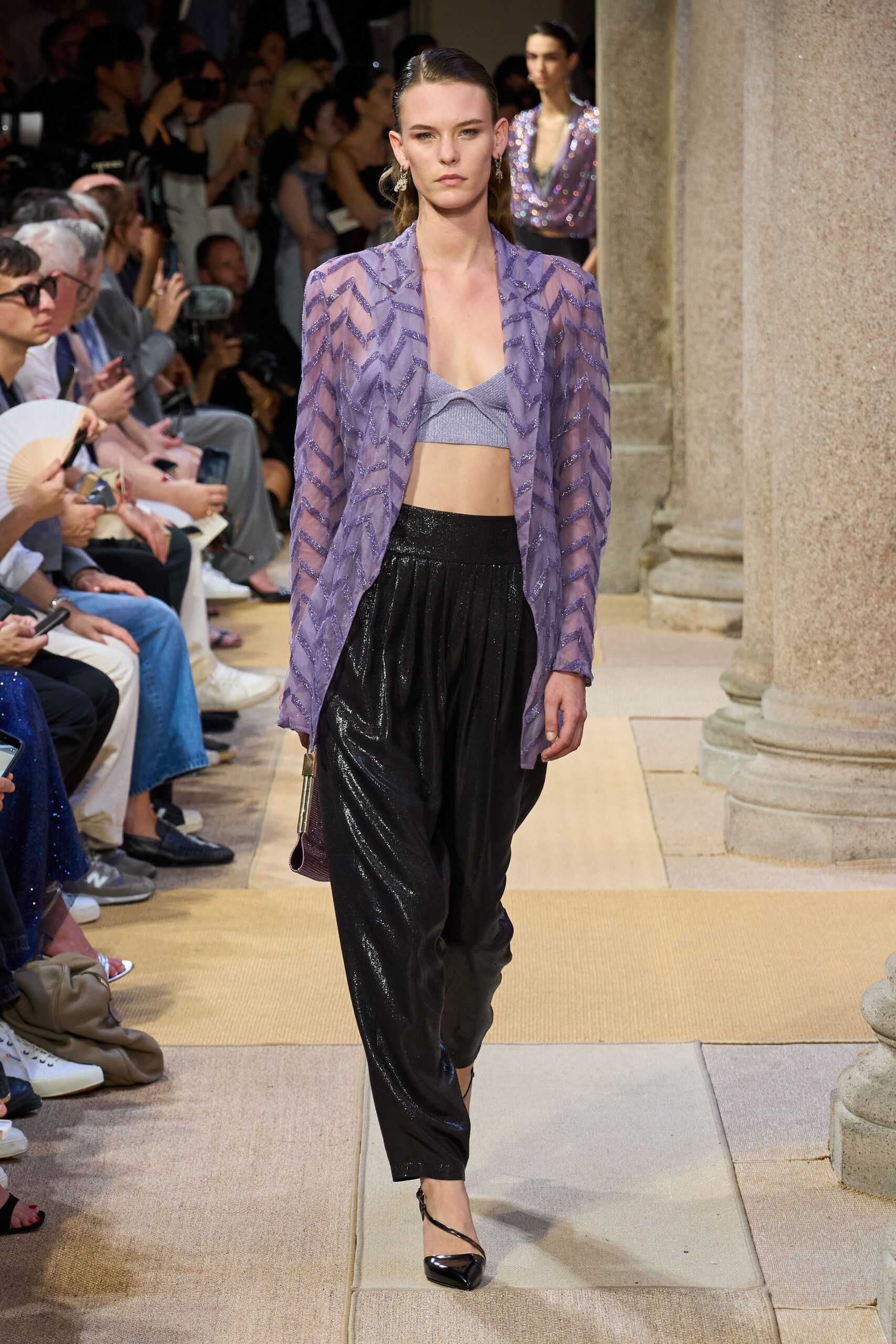 purple silk long-sleeve collared relaxed layered sheer jacket