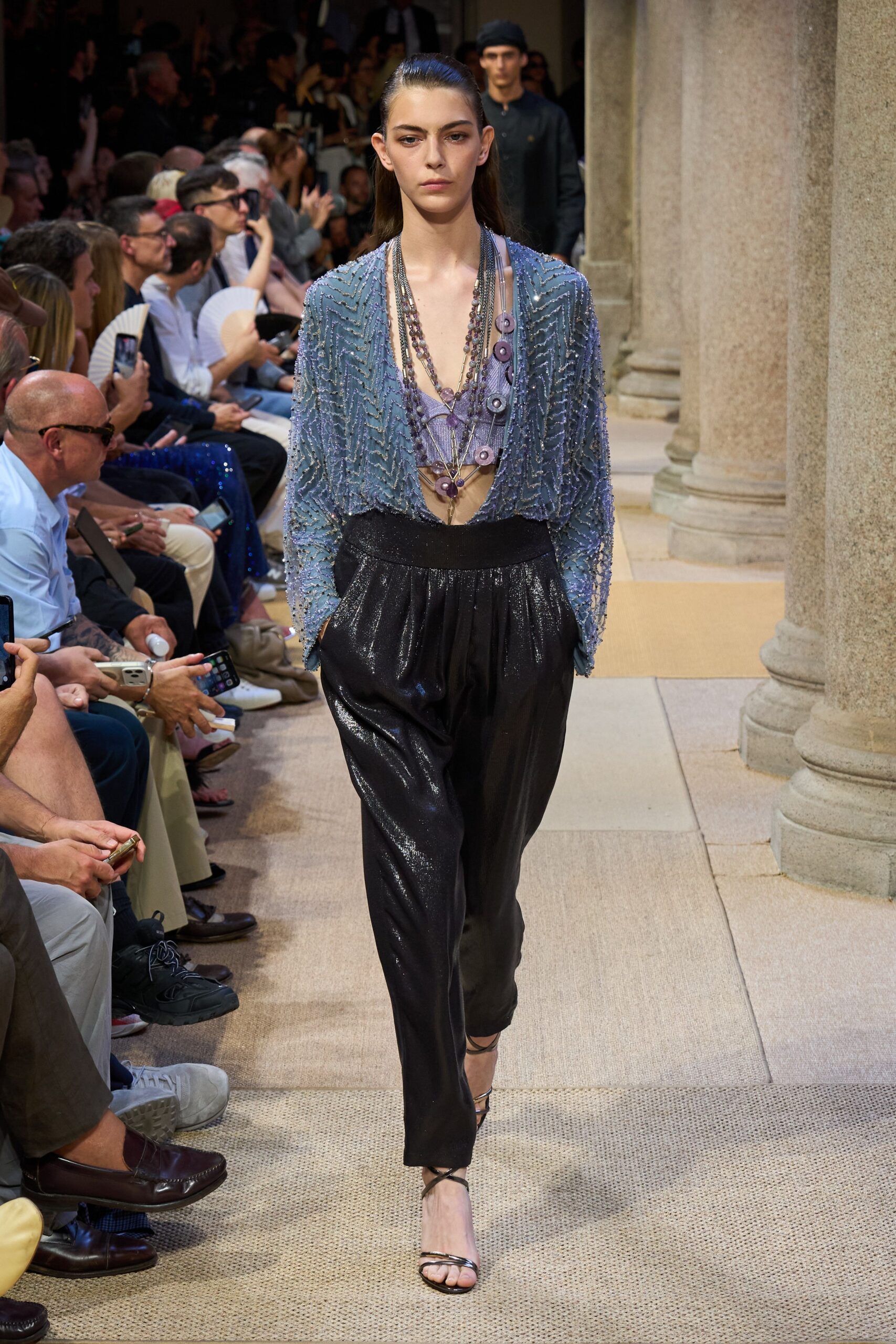 black silk fitted pleated shiny pants
