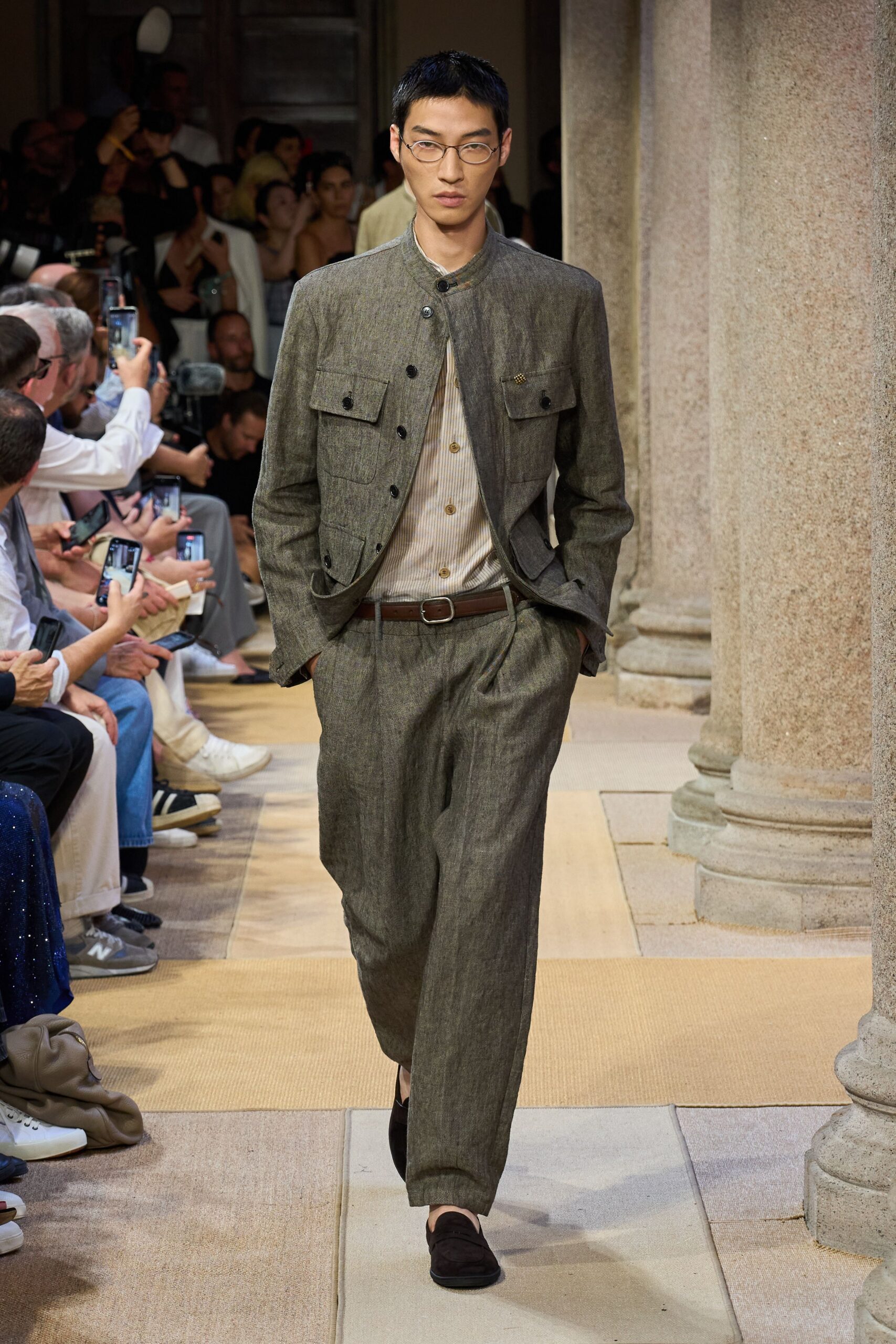 gray linen jacket with beige shirt